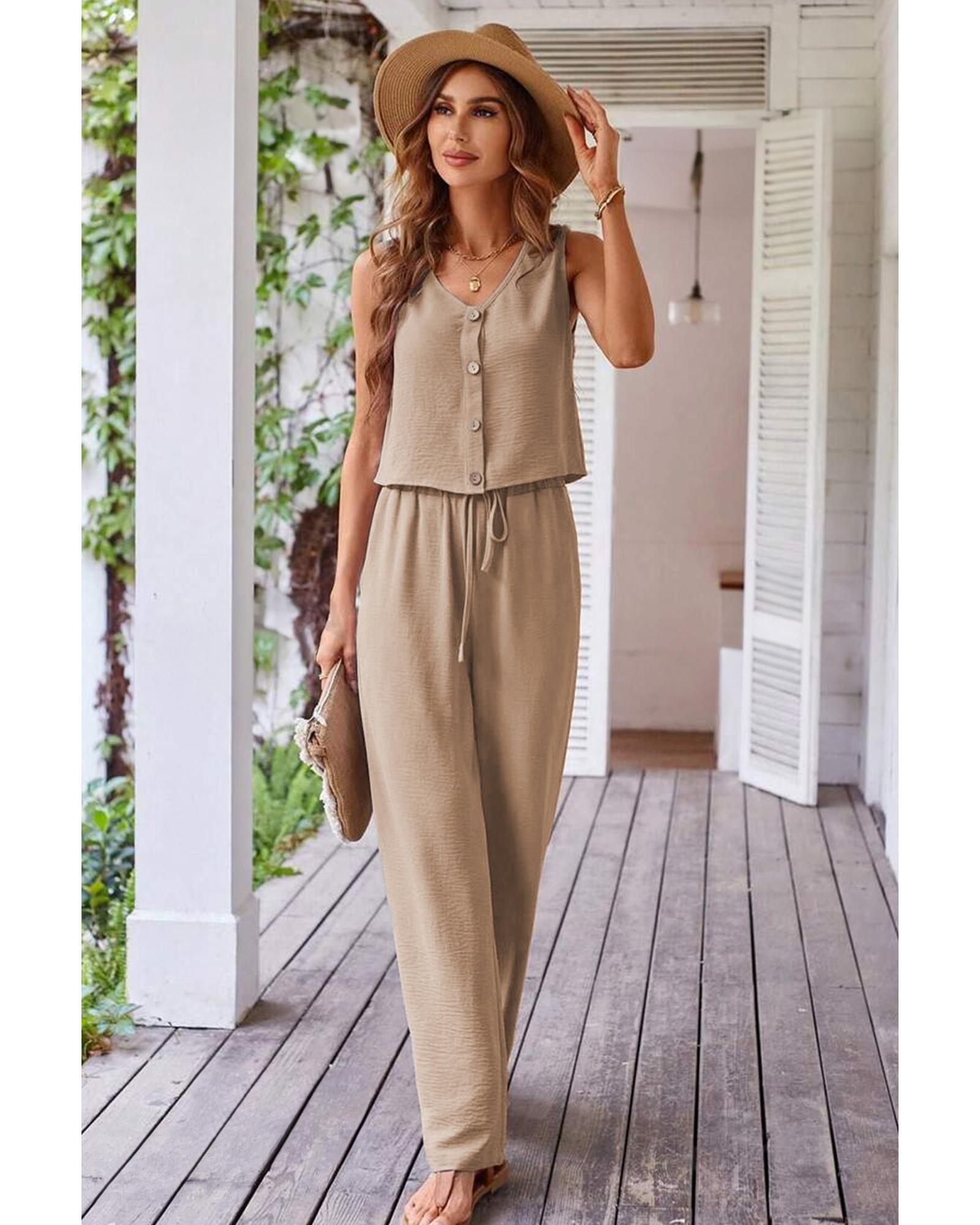 Goat Buttoned Vest Drawstring Wide Leg Pants 2pcs Set - XL 3