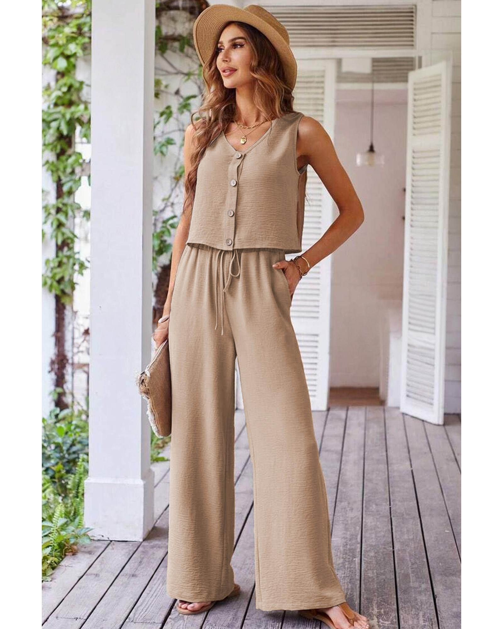 Goat Buttoned Vest Drawstring Wide Leg Pants 2pcs Set - XL 5