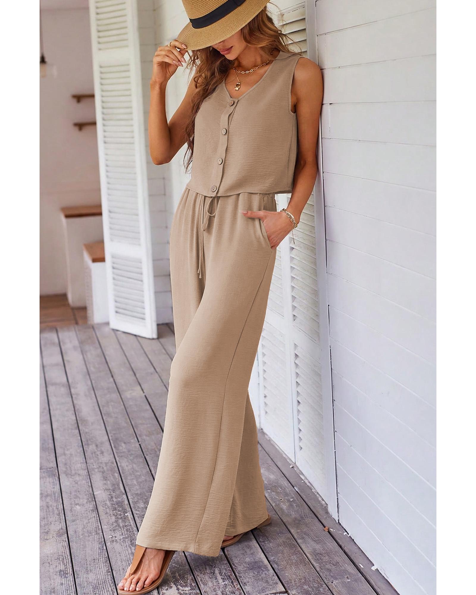 Goat Buttoned Vest Drawstring Wide Leg Pants 2pcs Set - XL 6