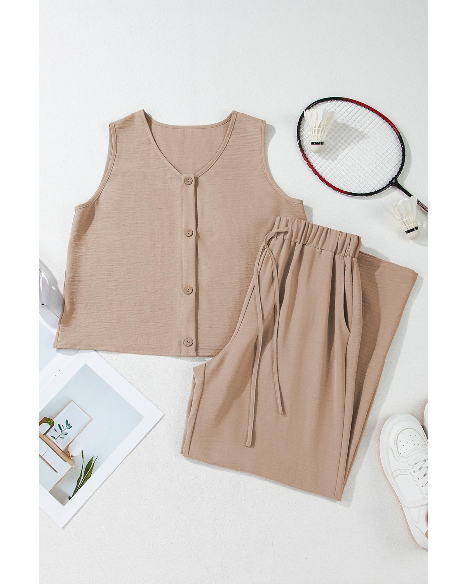 Goat Buttoned Vest Drawstring Wide Leg Pants 2pcs Set - XL 7