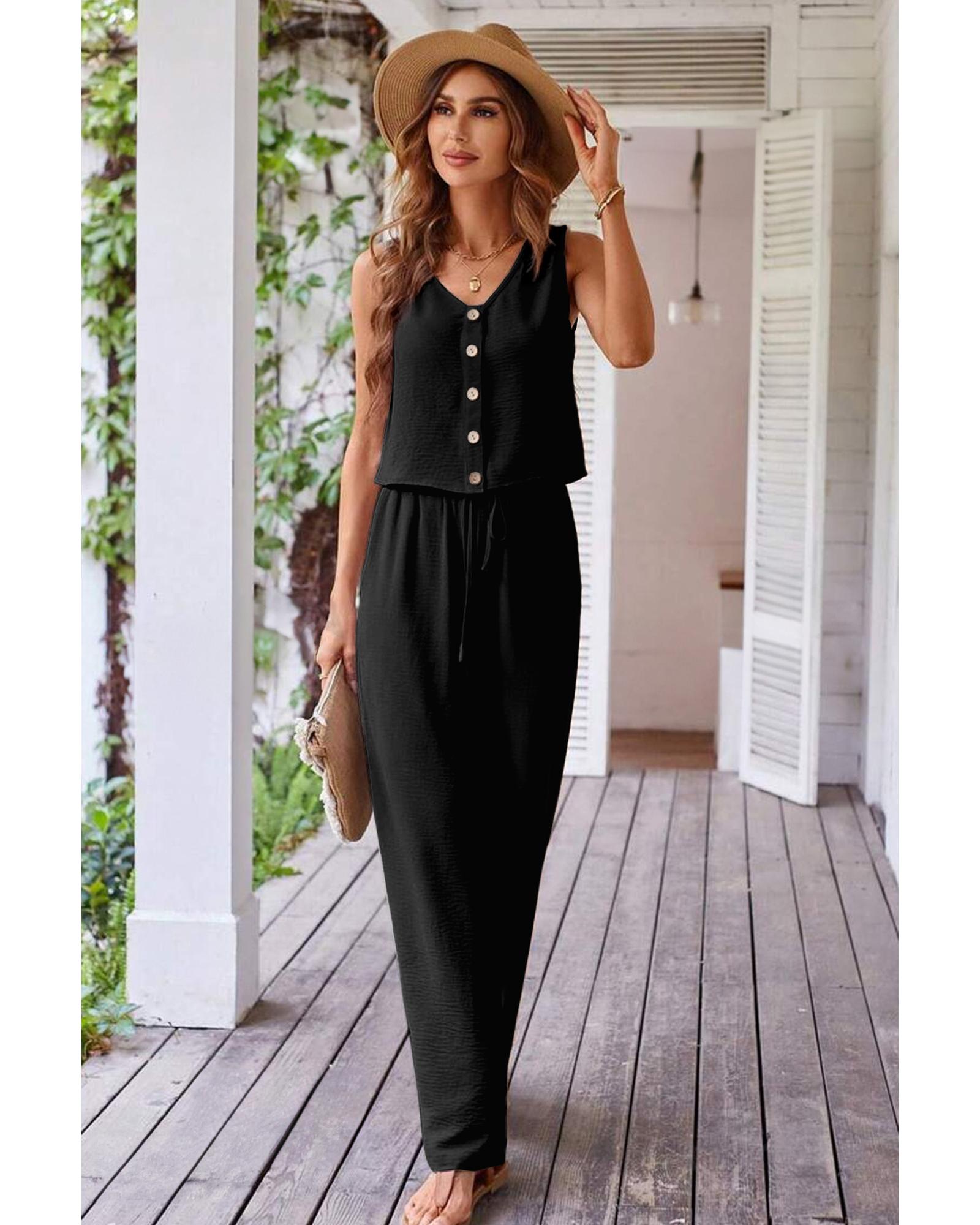 Black Buttoned Vest Drawstring Wide Leg Pants 2pcs Set - XL