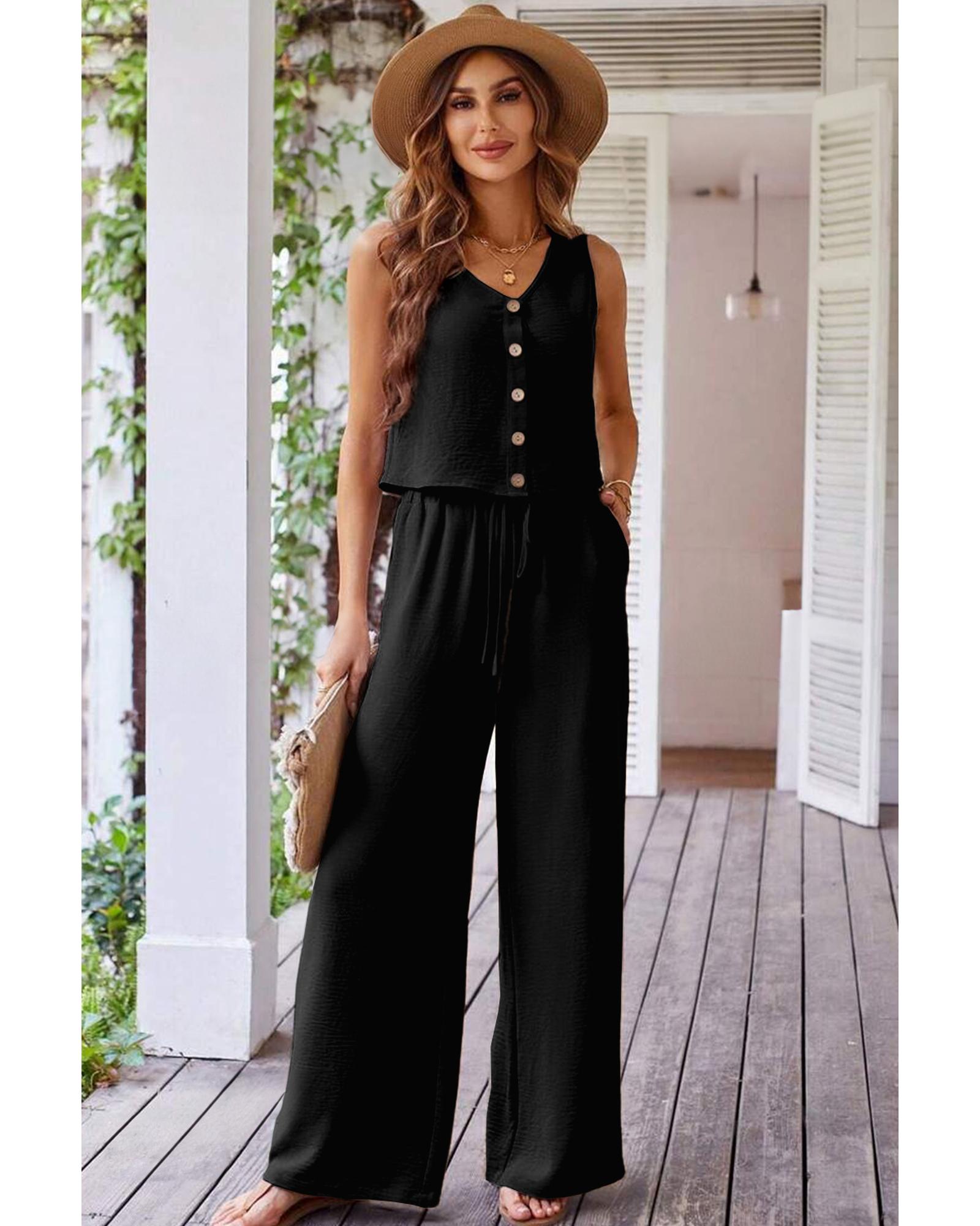 Black Buttoned Vest Drawstring Wide Leg Pants 2pcs Set - XL 3