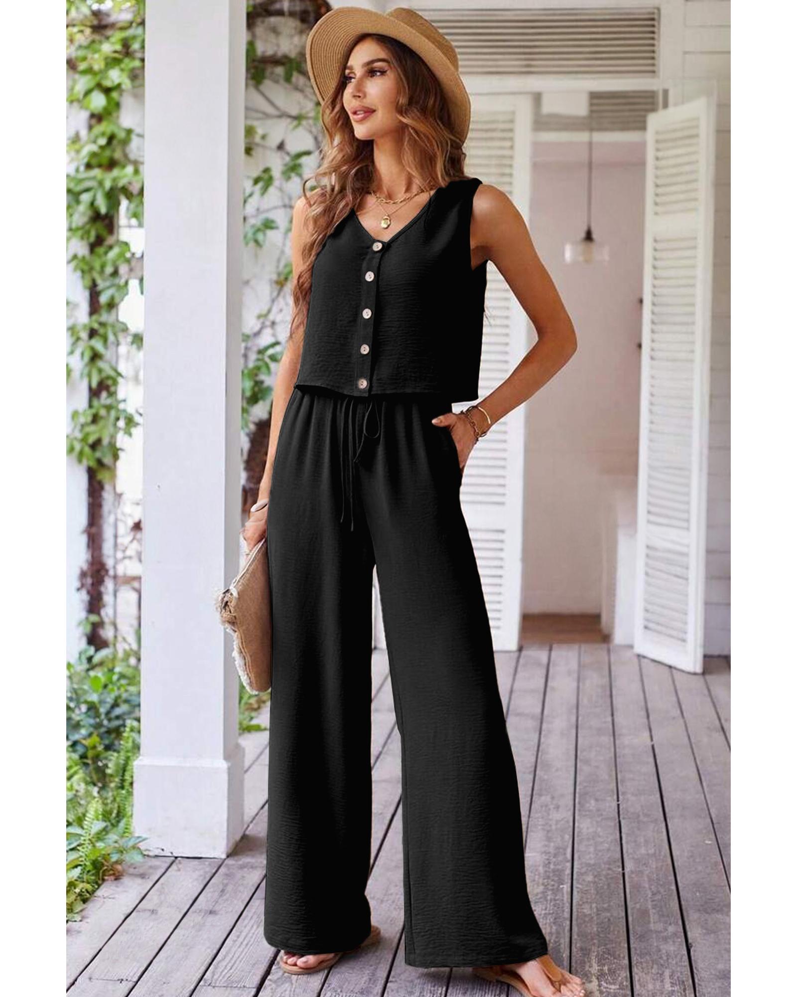 Black Buttoned Vest Drawstring Wide Leg Pants 2pcs Set - XL 4