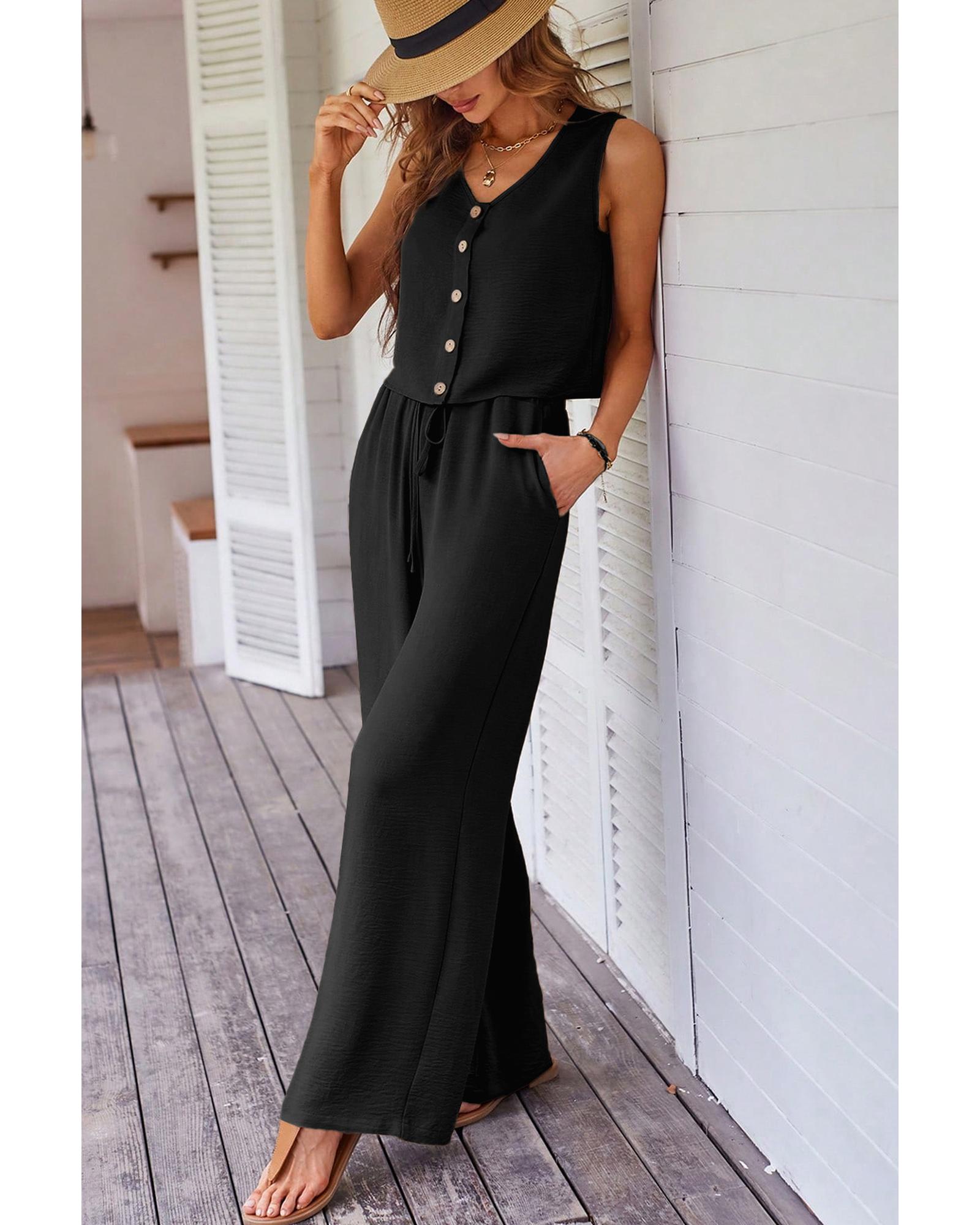 Black Buttoned Vest Drawstring Wide Leg Pants 2pcs Set - XL 5