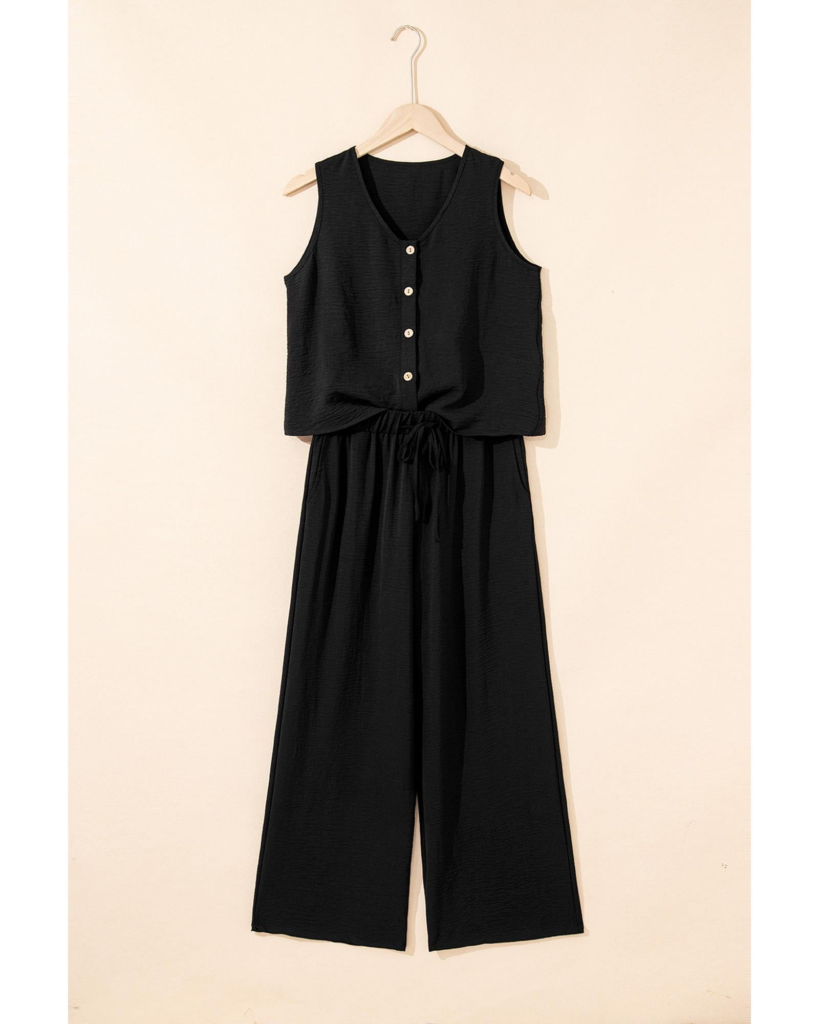 Black Buttoned Vest Drawstring Wide Leg Pants 2pcs Set - XL 6