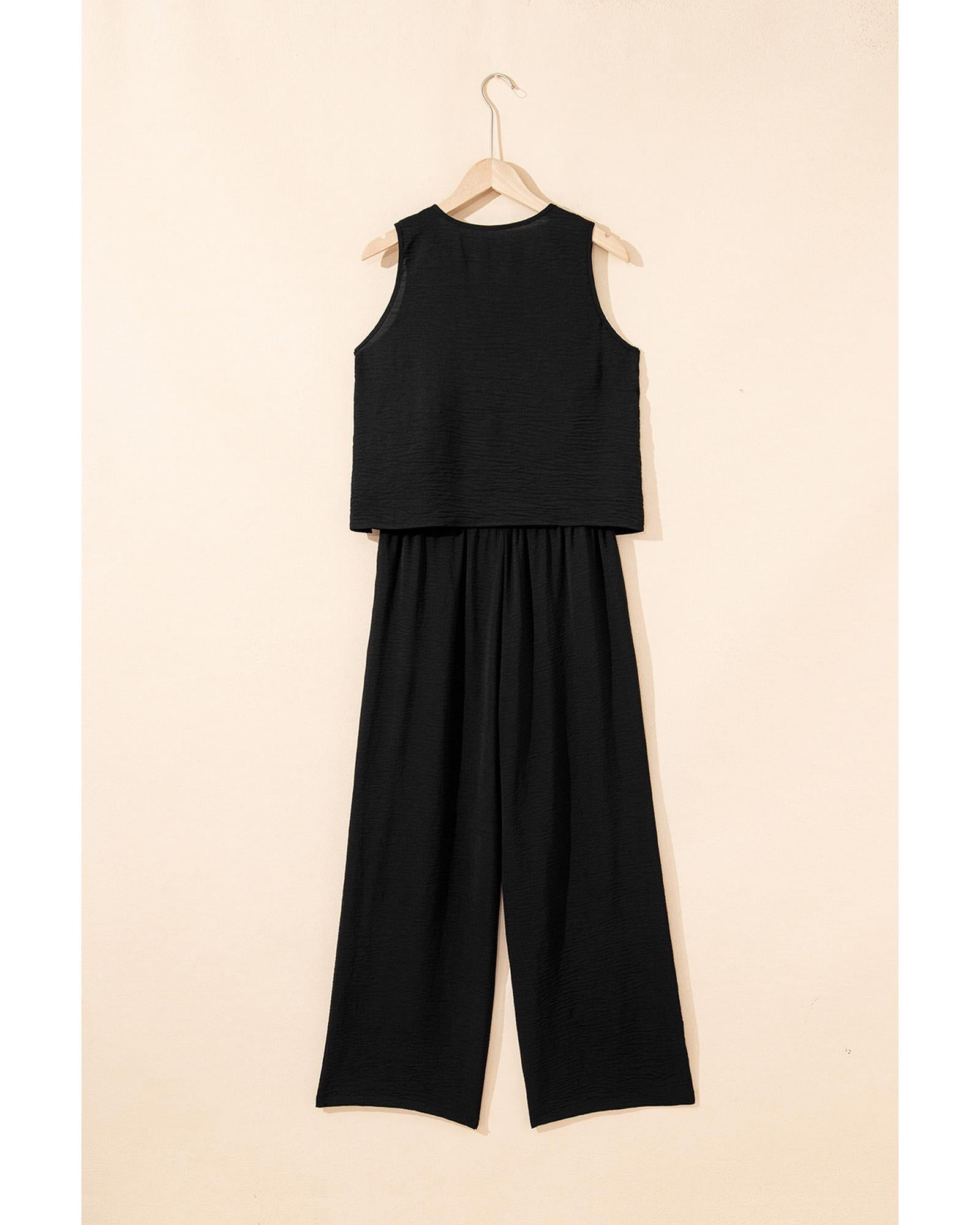 Black Buttoned Vest Drawstring Wide Leg Pants 2pcs Set - XL 7