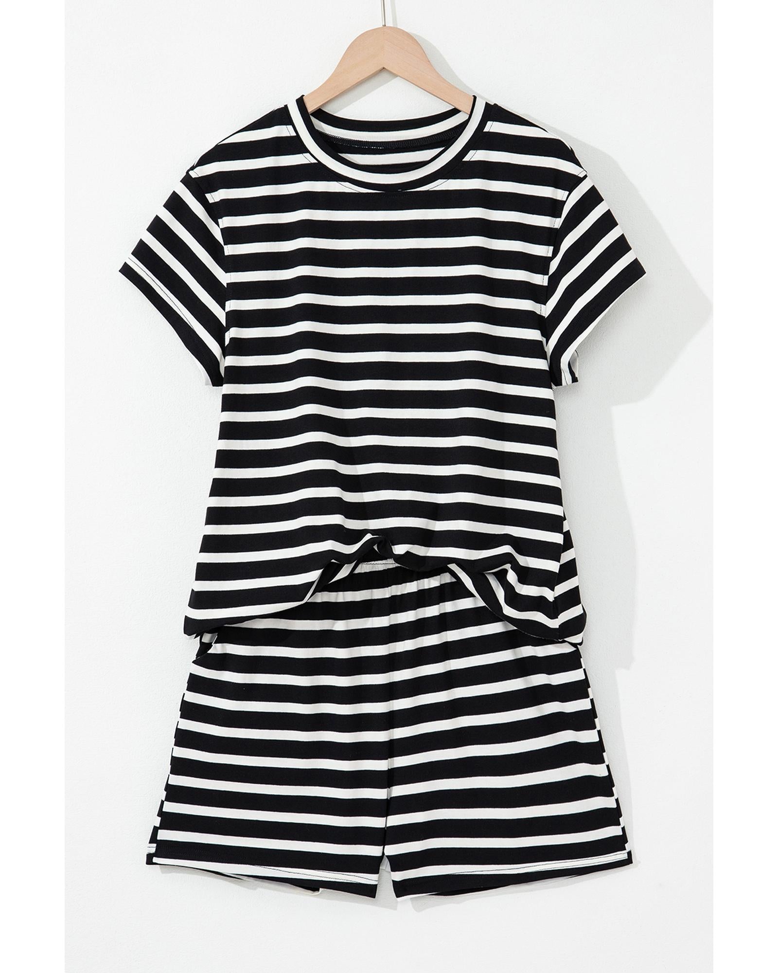 Black White Striped Short Sleeve Top and Shorts Set - L 3