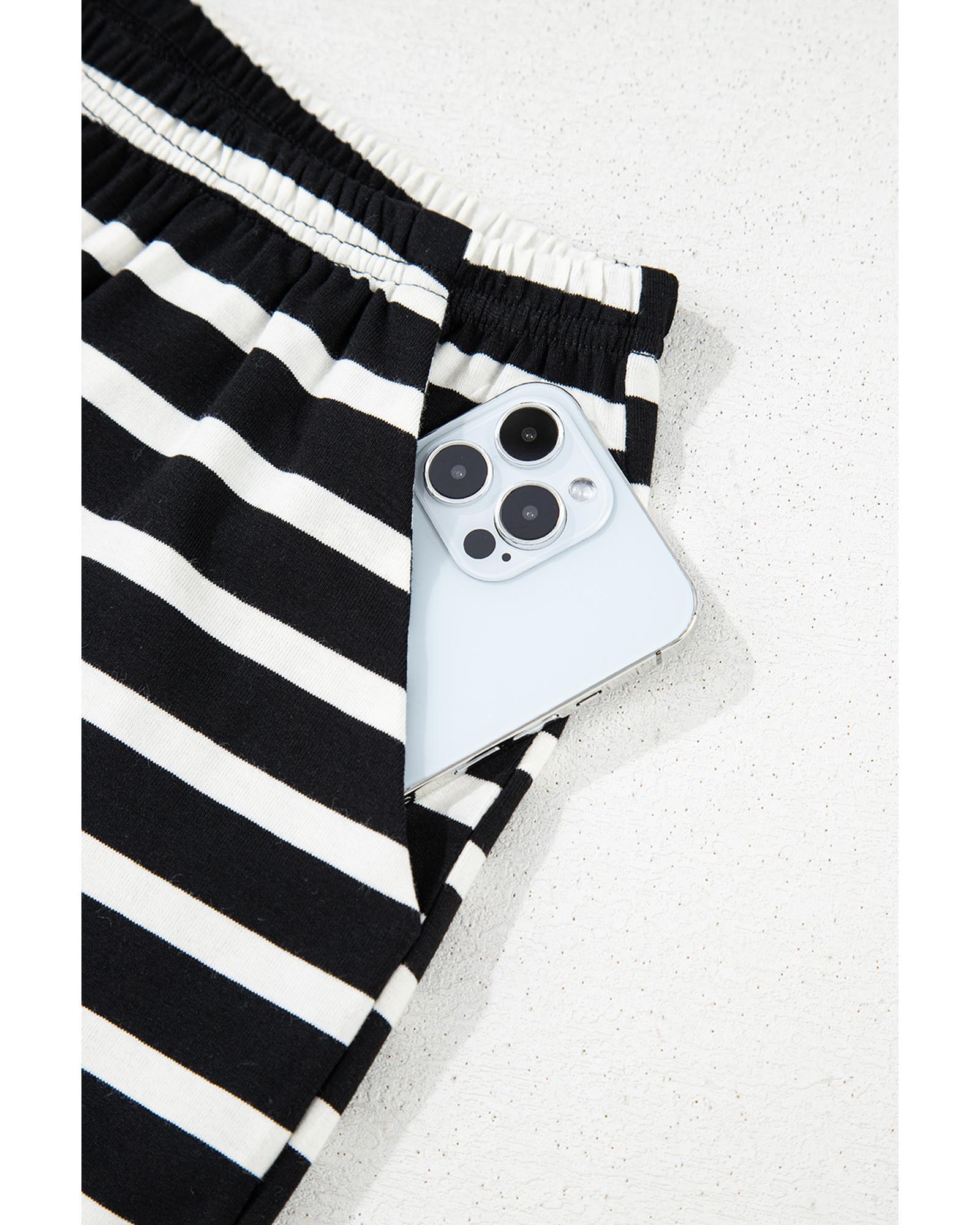 Black White Striped Short Sleeve Top and Shorts Set - L 6