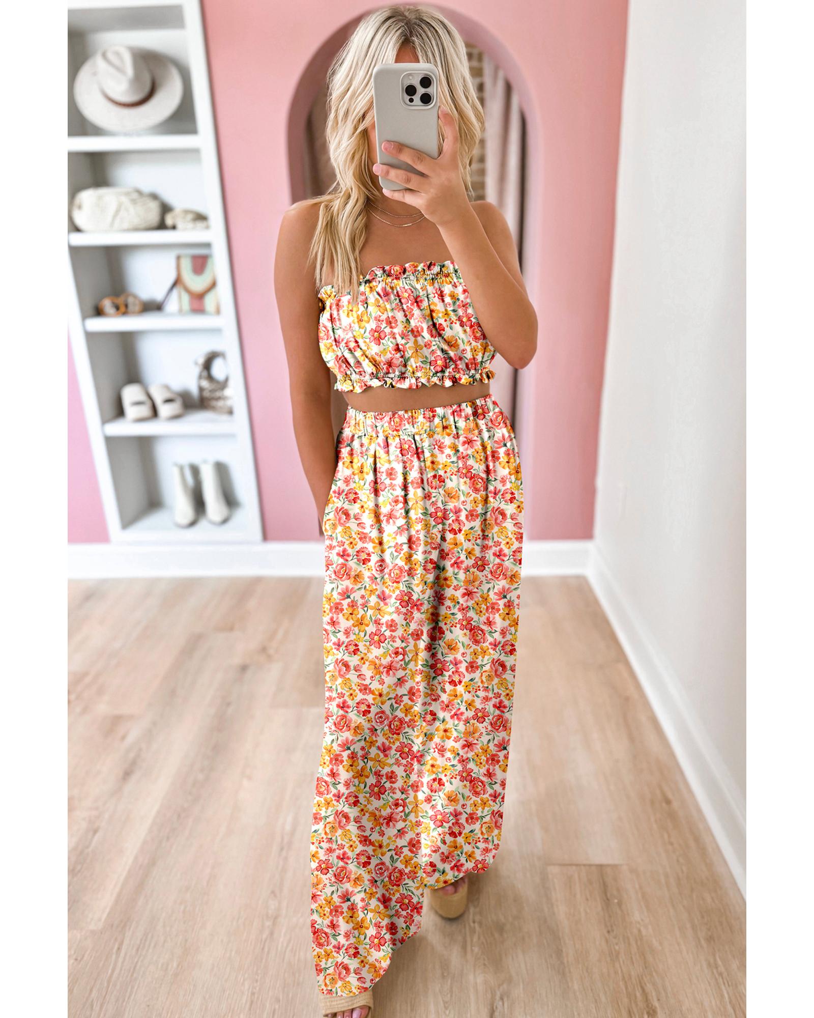 Pink Boho Floral Bandeau Top and High Waist Wide Leg Pants Set - L