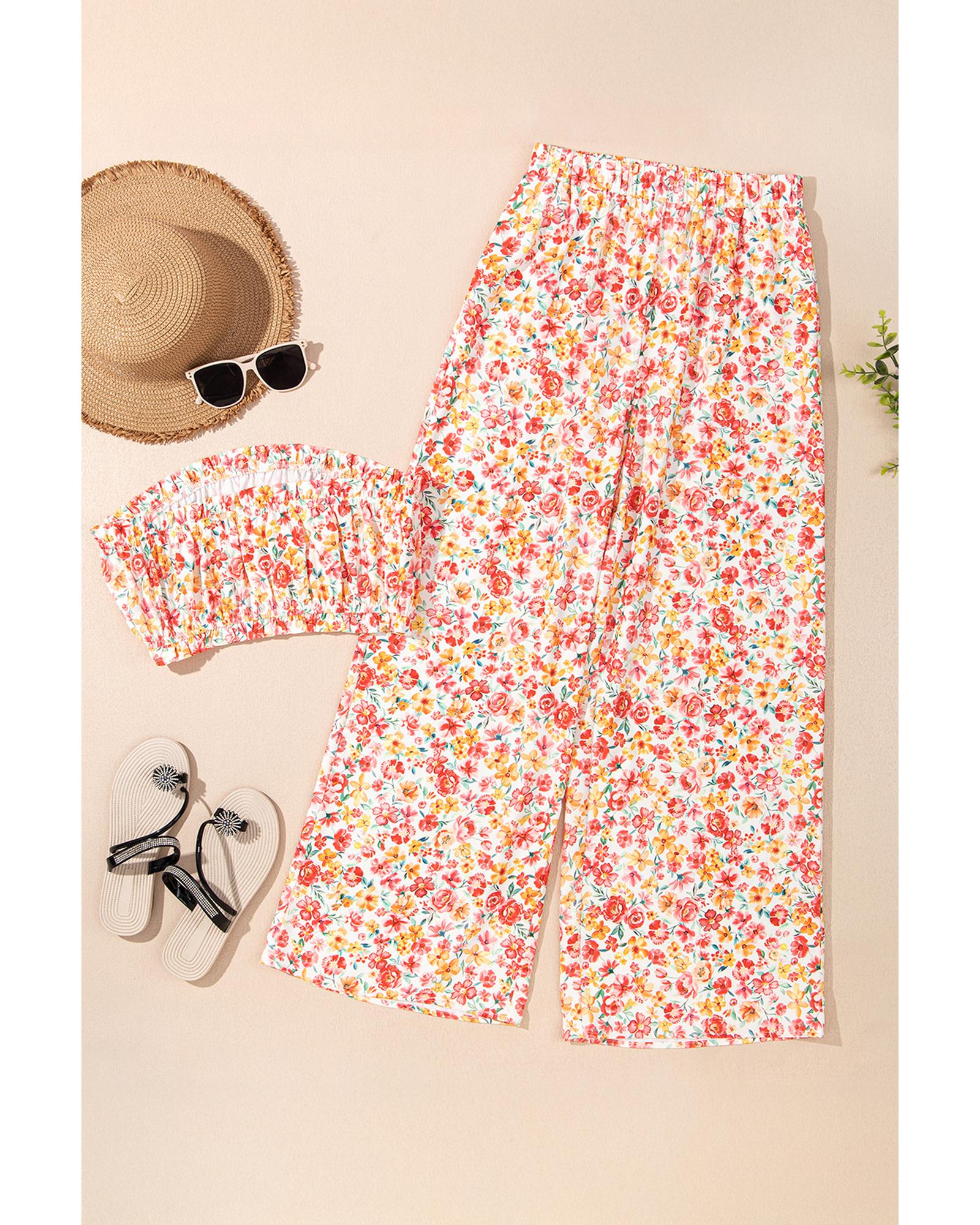 Pink Boho Floral Bandeau Top and High Waist Wide Leg Pants Set - L 4