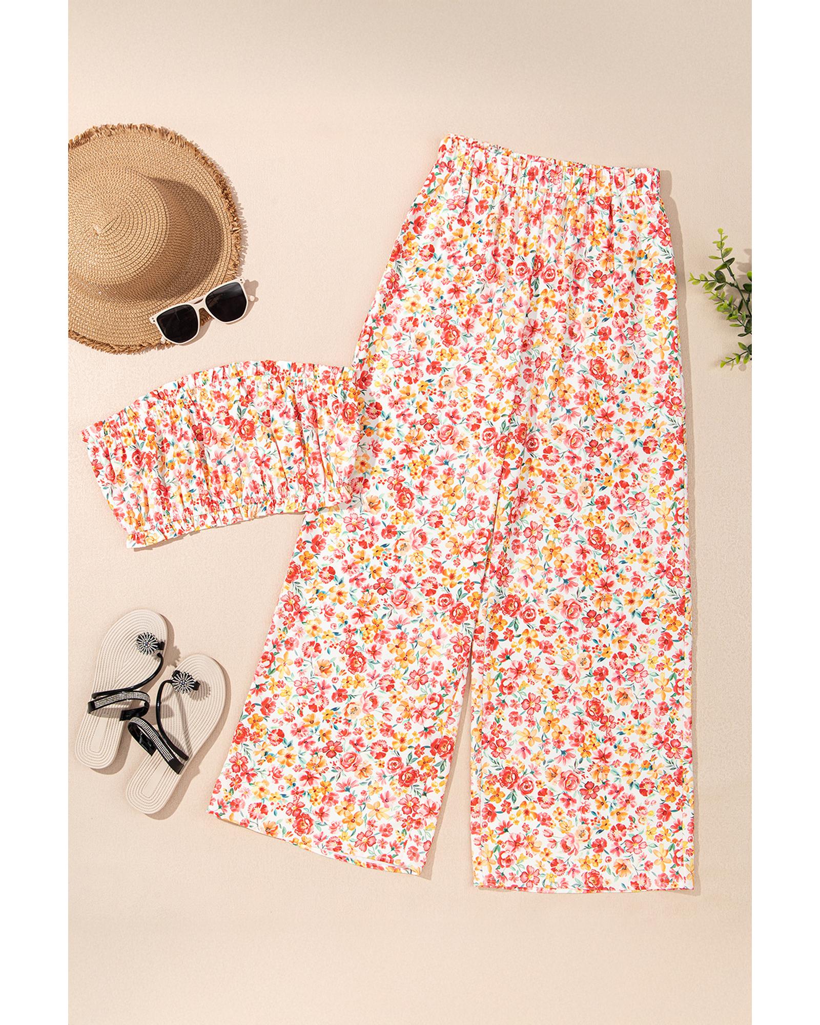 Pink Boho Floral Bandeau Top and High Waist Wide Leg Pants Set - M 4