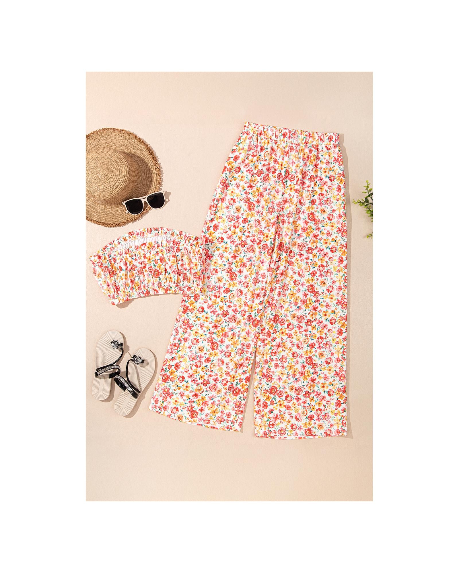 Pink Boho Floral Bandeau Top and High Waist Wide Leg Pants Set - M 5