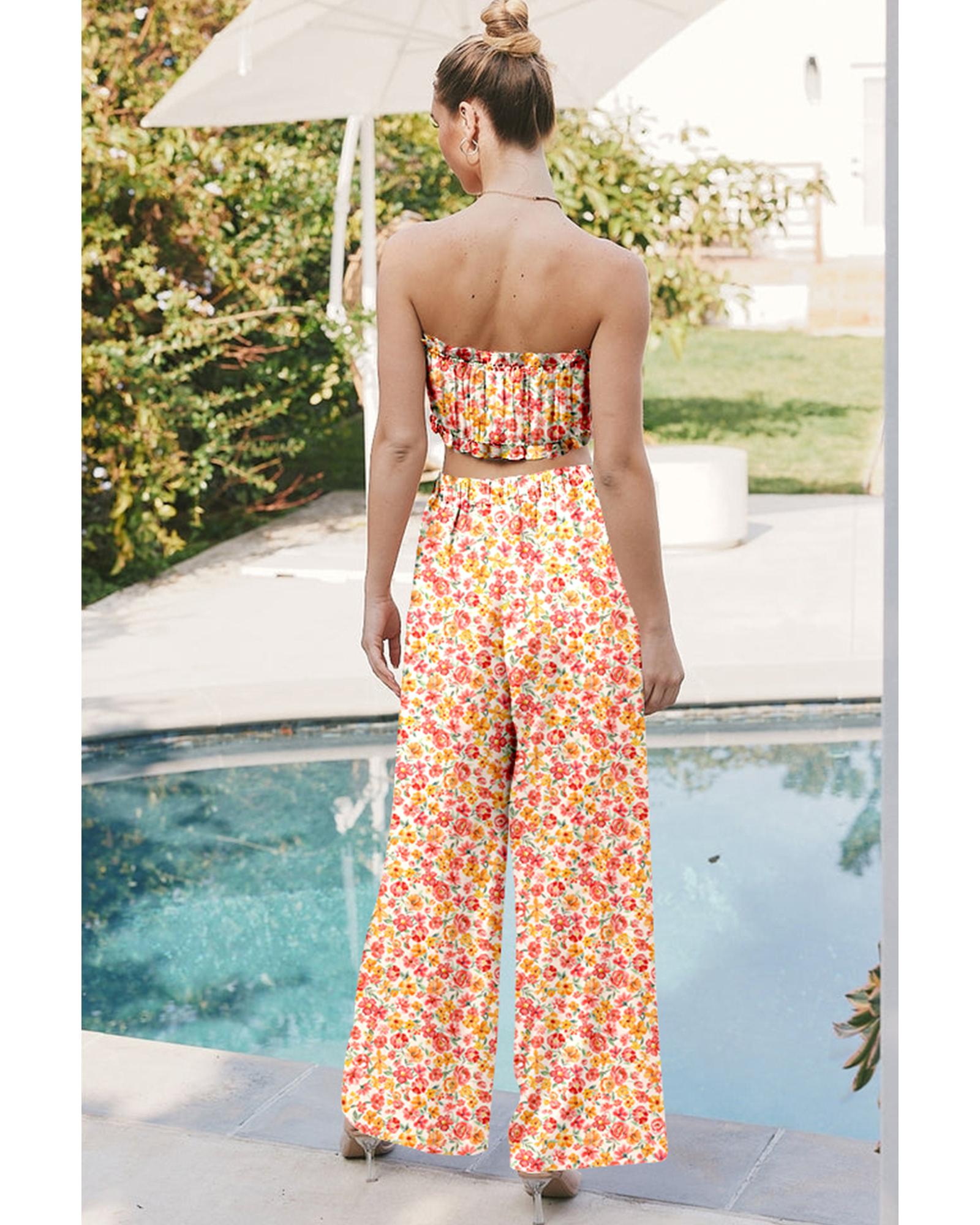 Pink Boho Floral Bandeau Top and High Waist Wide Leg Pants Set - S