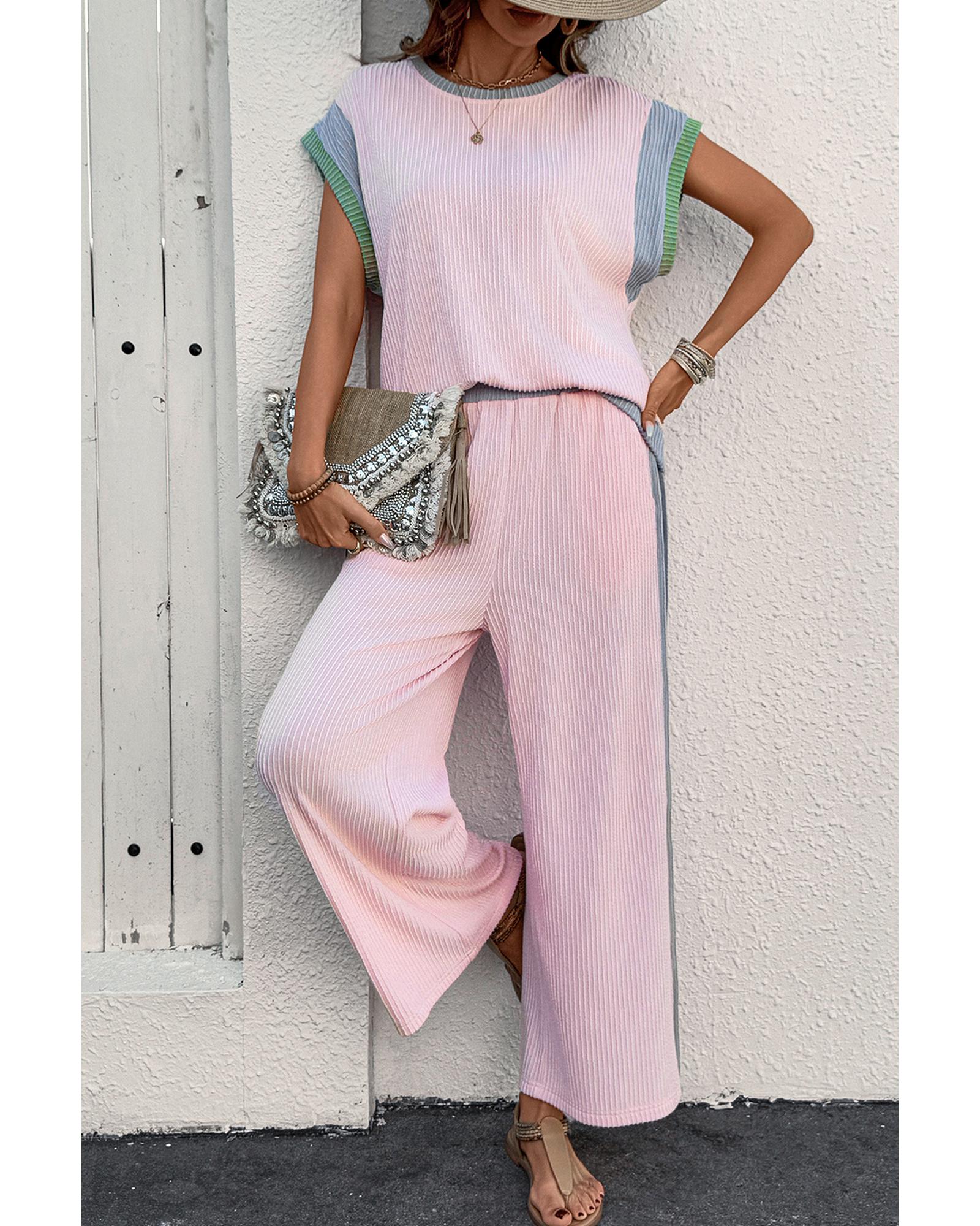 Pink Corded Colorblock Patchwork Short Sleeve Top and Loose Pants Set - XL