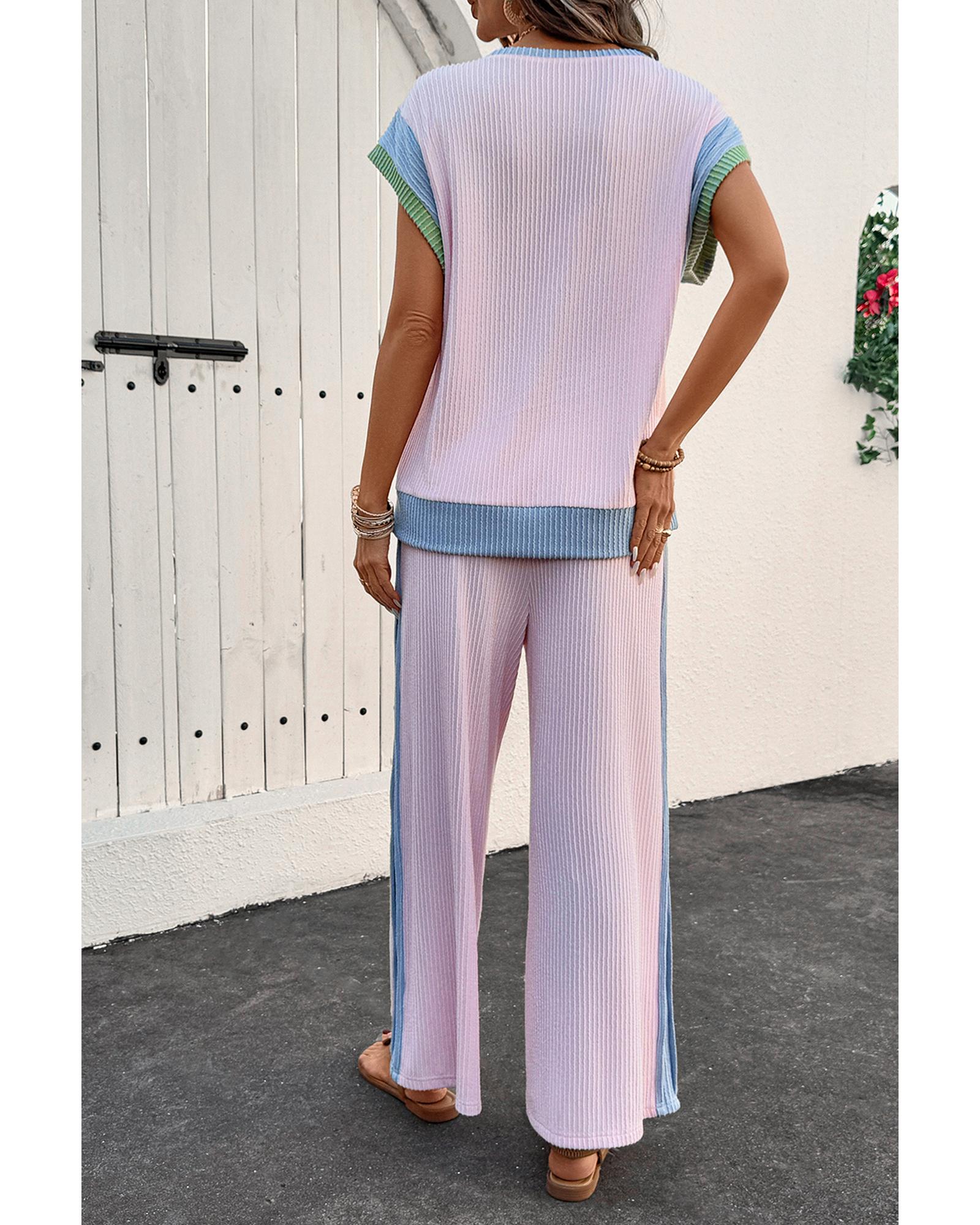 Pink Corded Colorblock Patchwork Short Sleeve Top and Loose Pants Set - XL