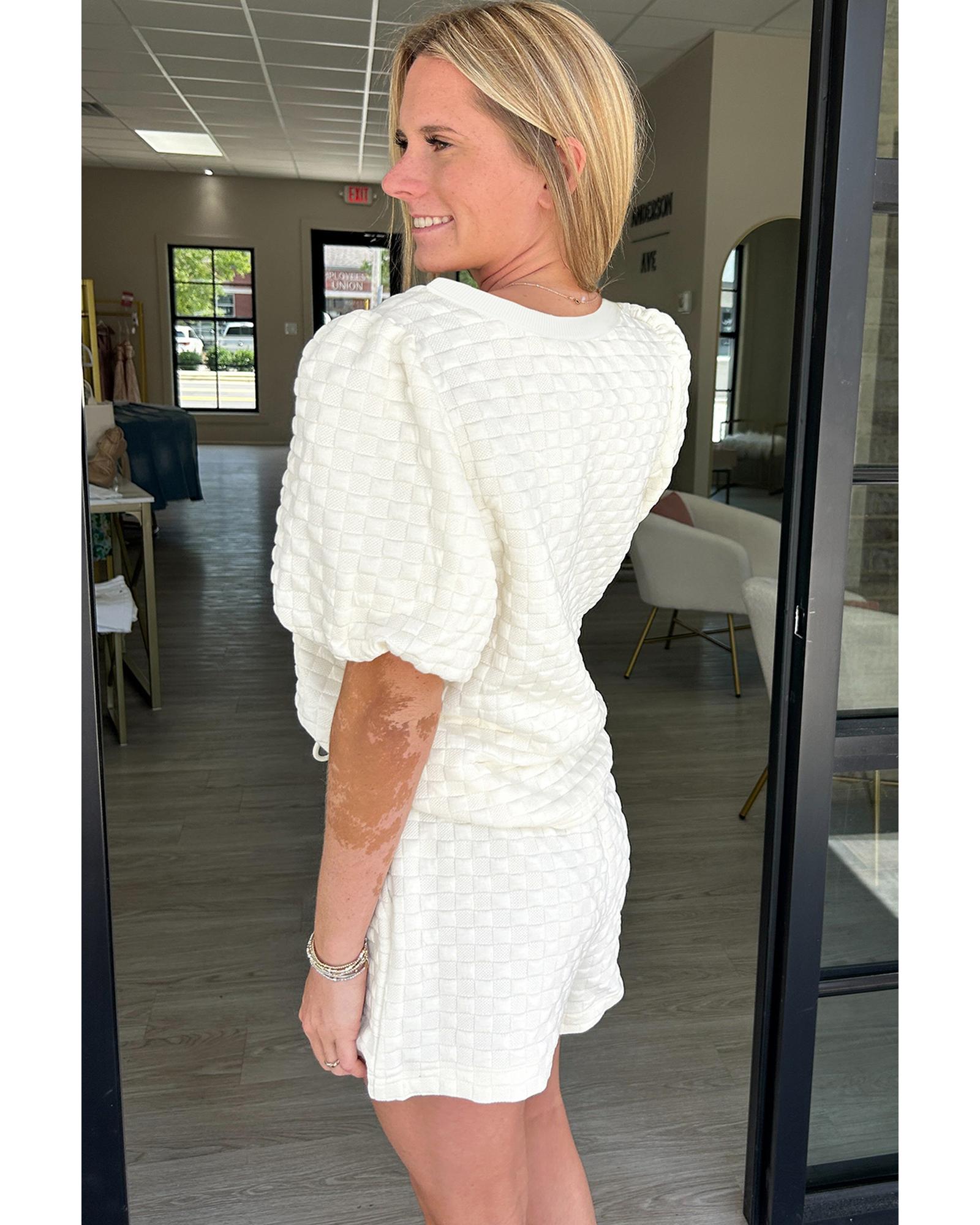 White Solid Color Checkered Texture Short 2pcs Outfit - L