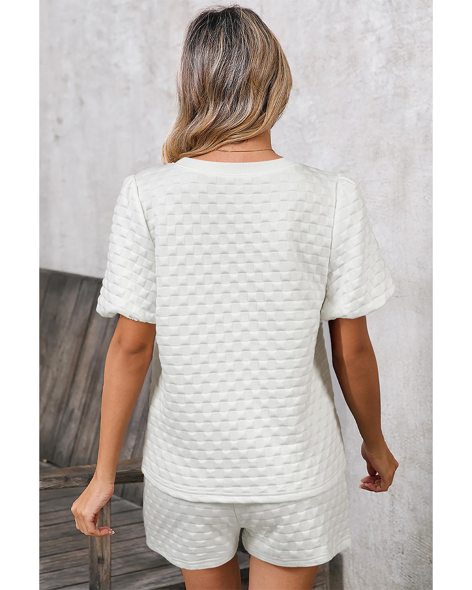 White Solid Color Checkered Texture Short 2pcs Outfit - L 6