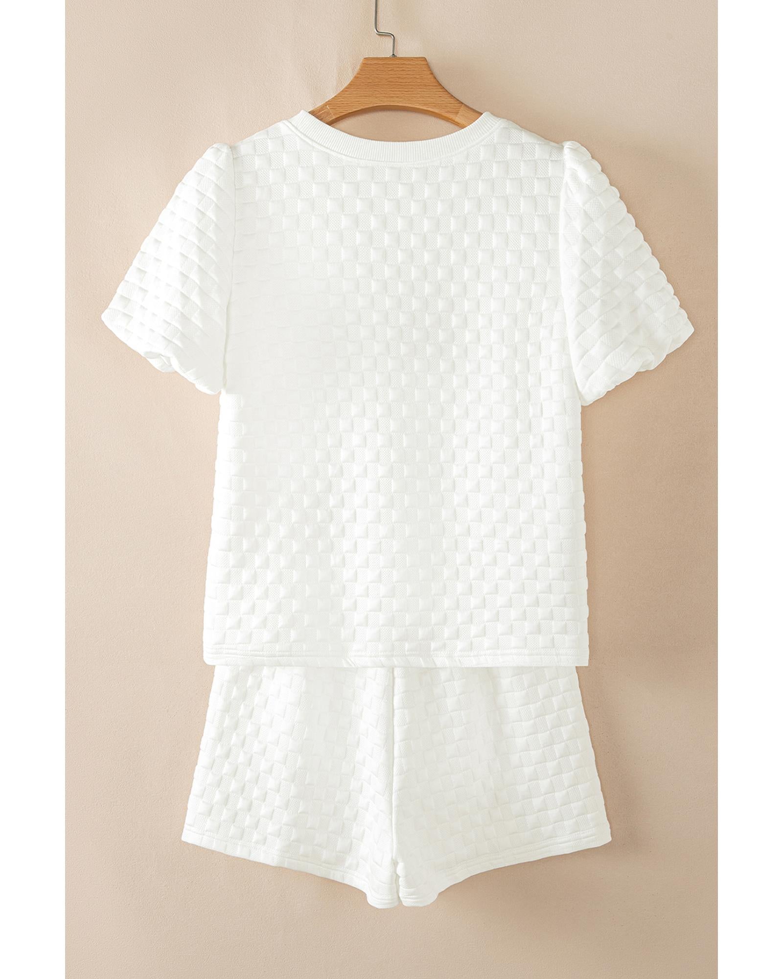 White Solid Color Checkered Texture Short 2pcs Outfit - L 8