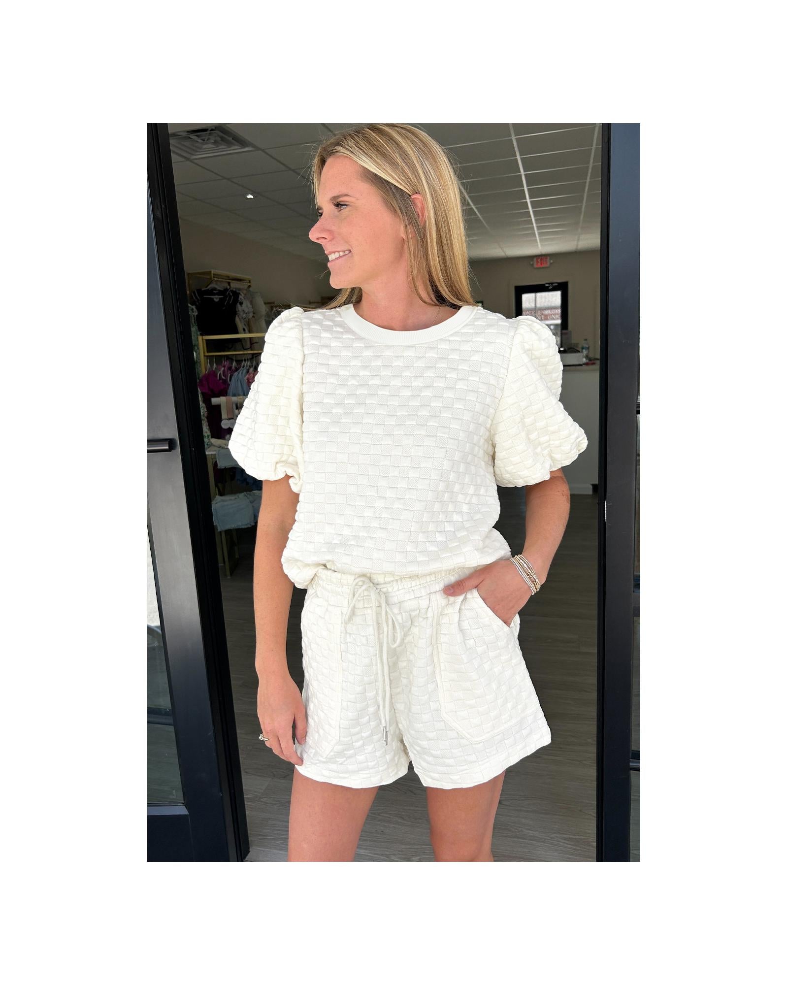 White Solid Color Checkered Texture Short 2pcs Outfit - M 4