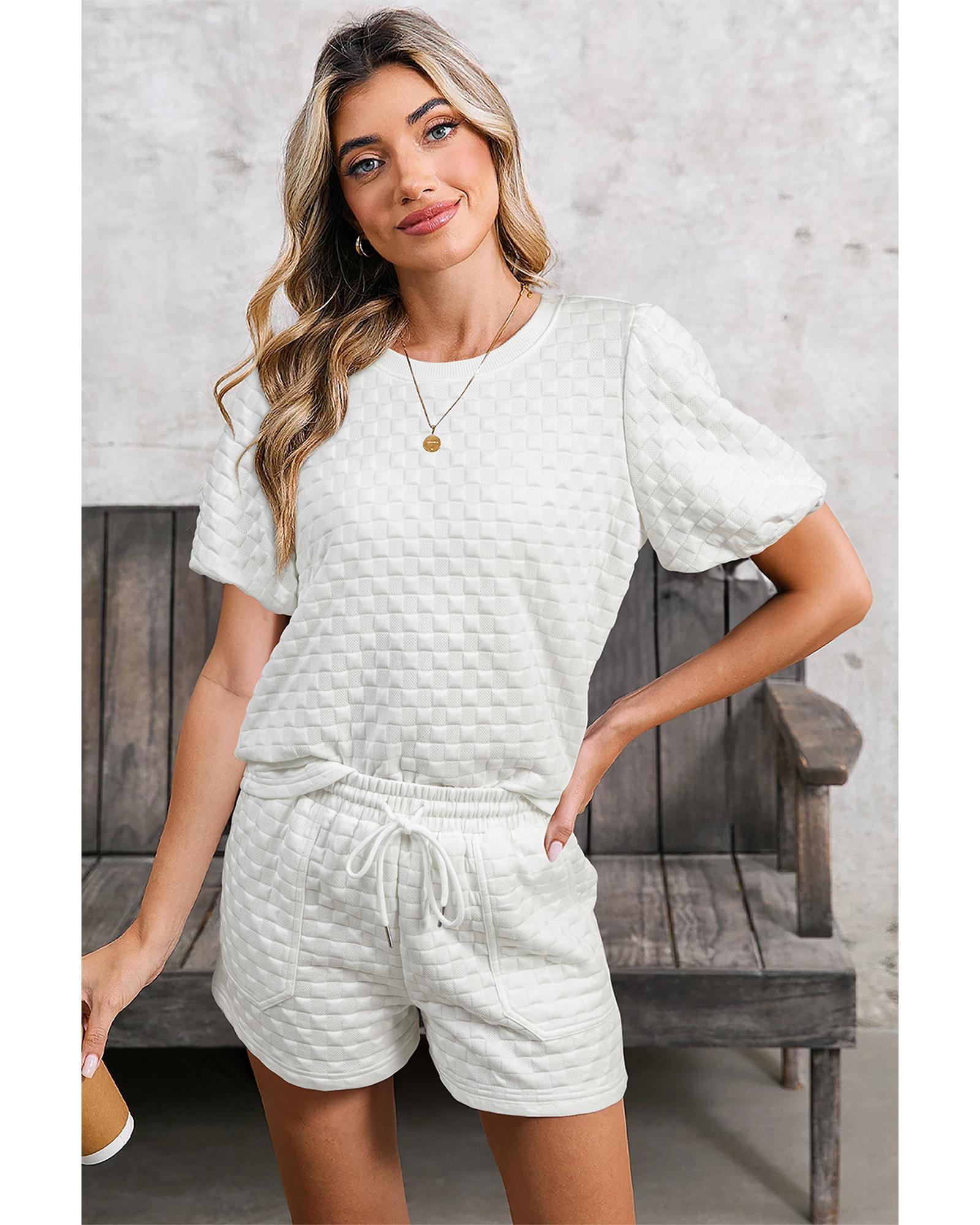 White Solid Color Checkered Texture Short 2pcs Outfit - M 5