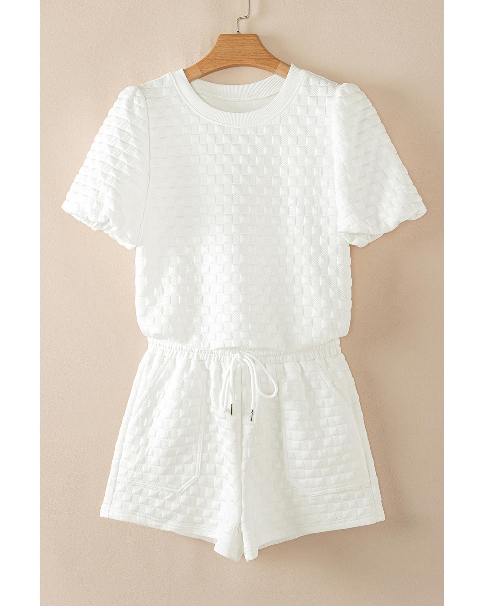 White Solid Color Checkered Texture Short 2pcs Outfit - M 7