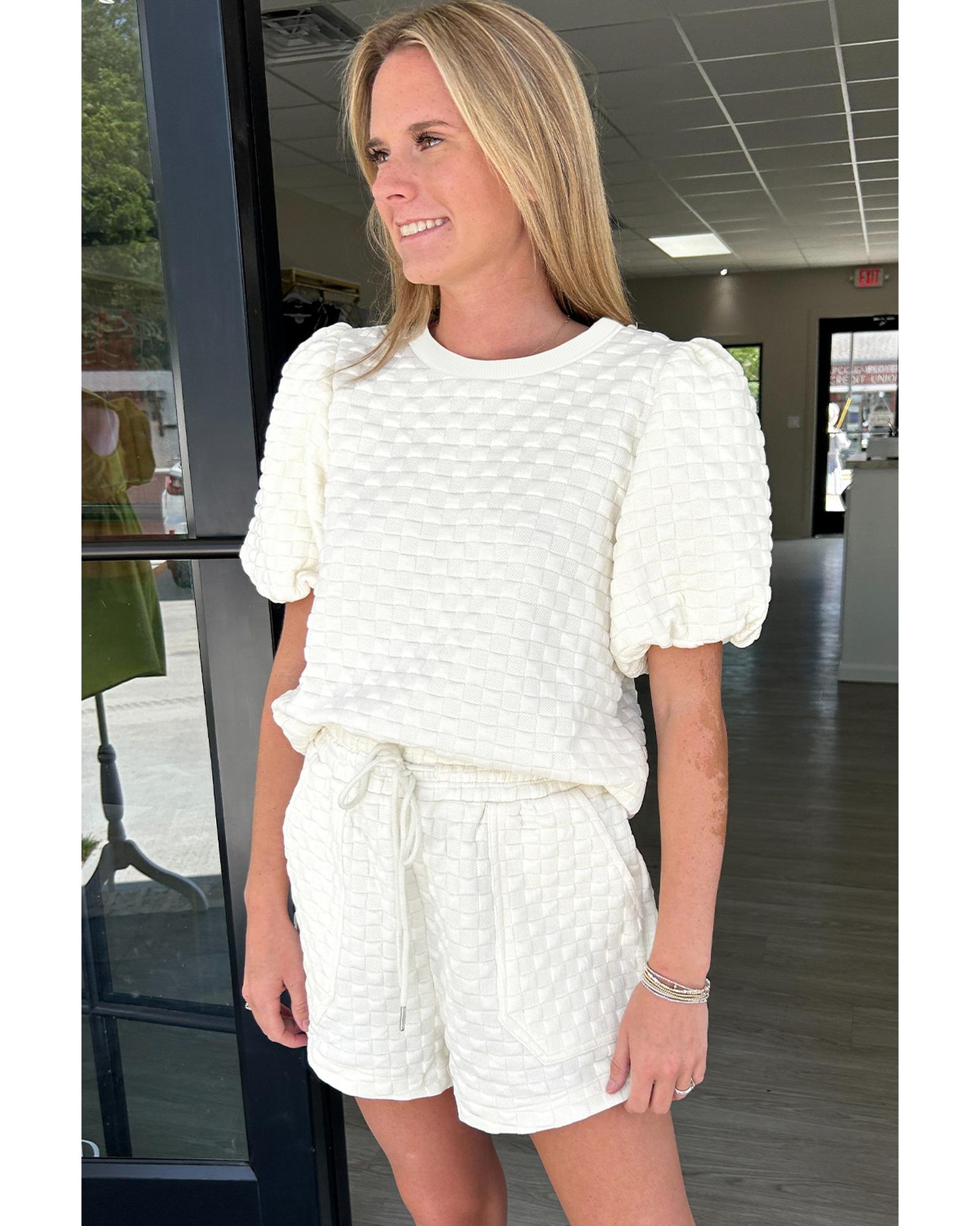 White Solid Color Checkered Texture Short 2pcs Outfit - XL 3