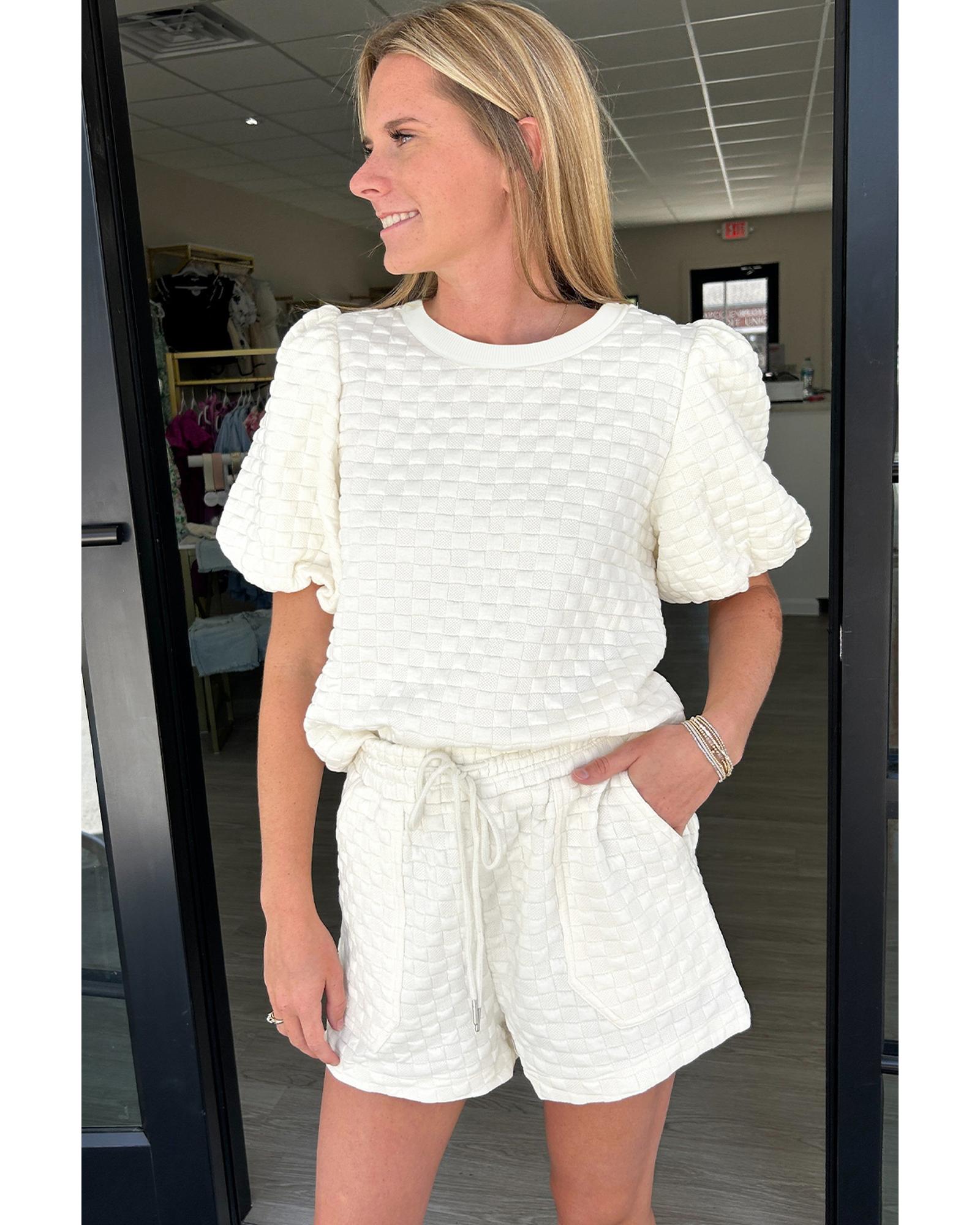White Solid Color Checkered Texture Short 2pcs Outfit - XL 4