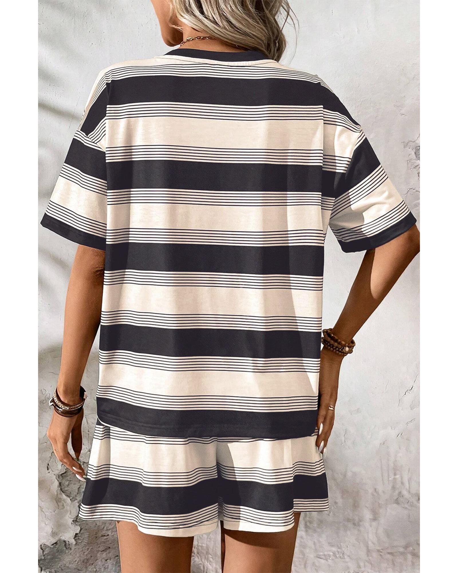 Black Stripe Short Sleeve T Shirt and High Waist Pocketed Shorts Set - M