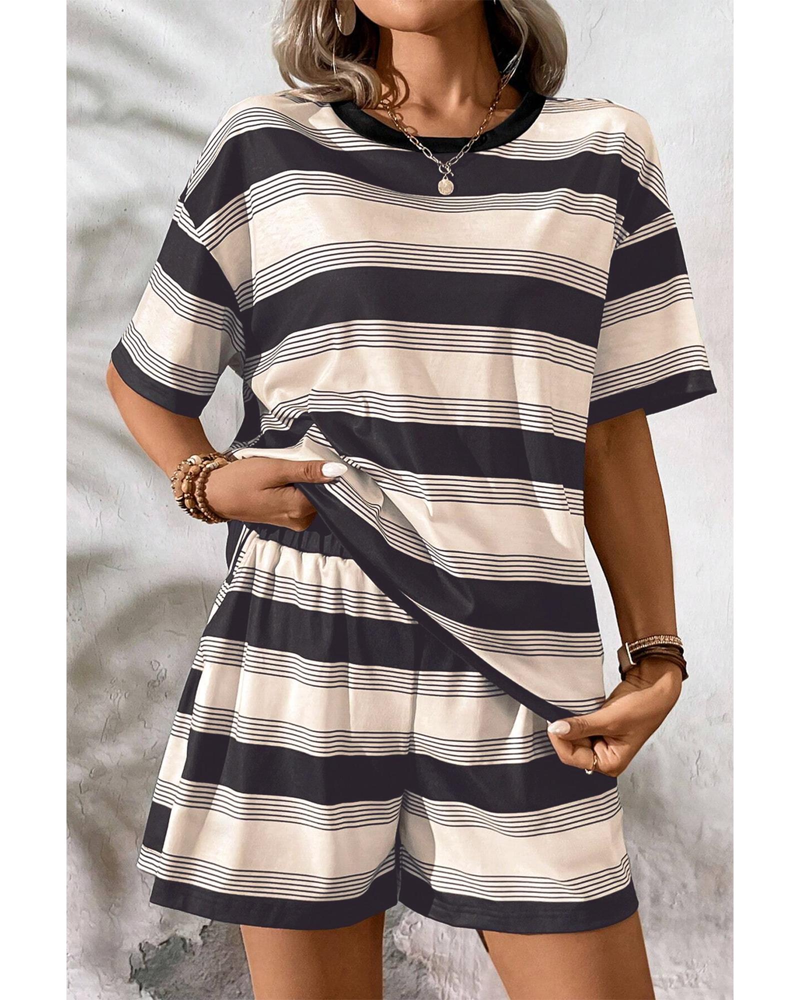 Black Stripe Short Sleeve T Shirt and High Waist Pocketed Shorts Set - M 4