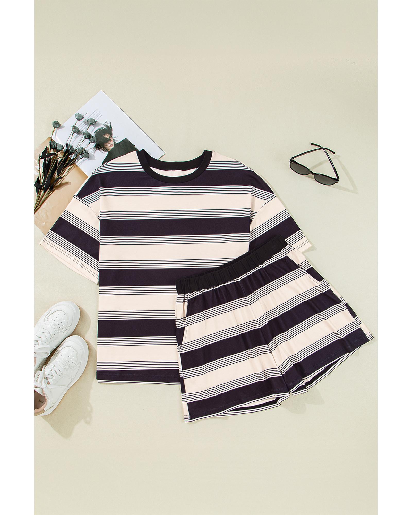 Black Stripe Short Sleeve T Shirt and High Waist Pocketed Shorts Set - M 7