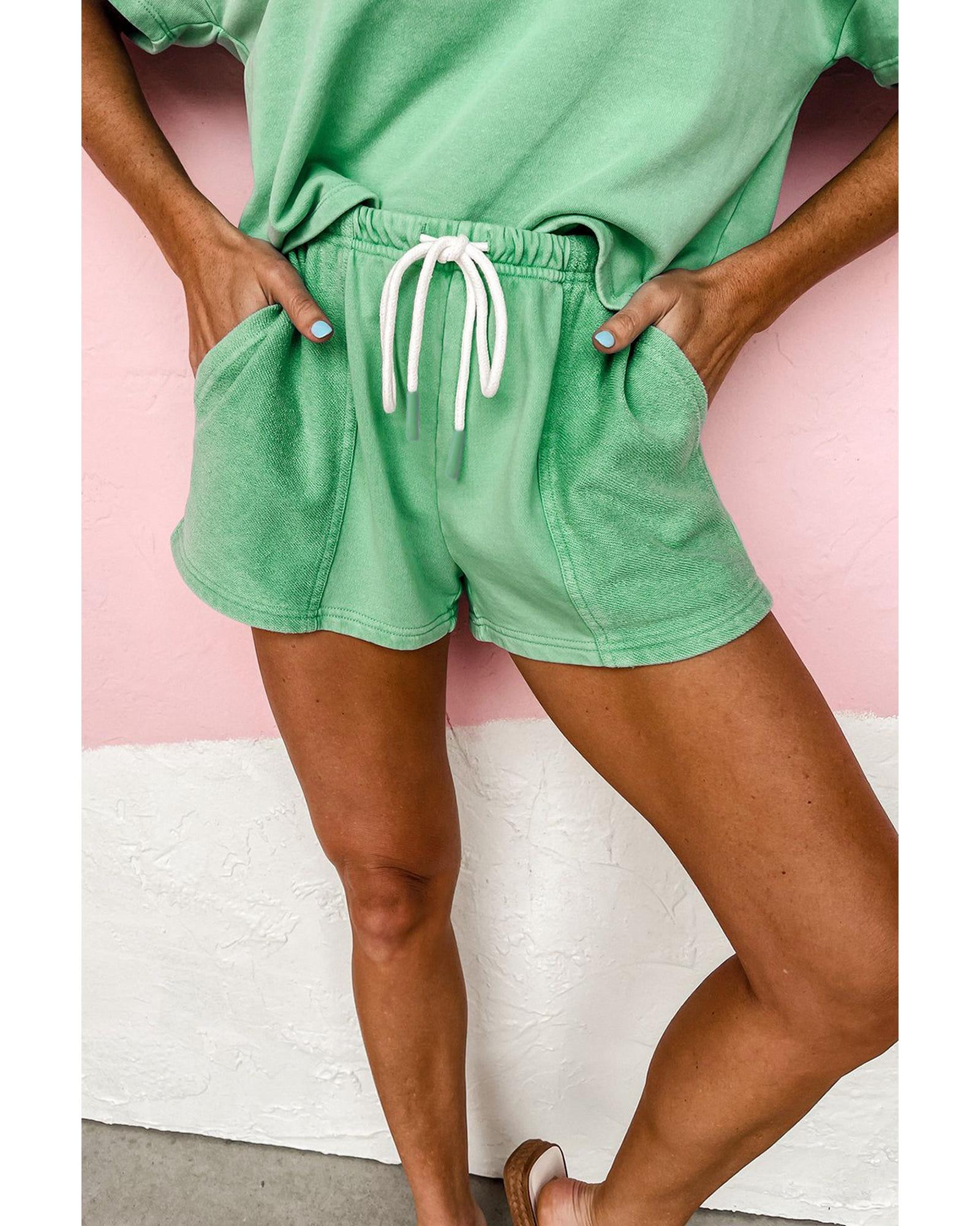 Mint Green V Neck Drop Shoulder Tee and Patchwork Drawstring Shorts Set - M 3
