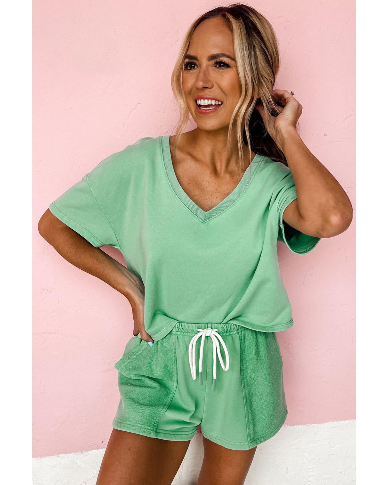 Mint Green V Neck Drop Shoulder Tee and Patchwork Drawstring Shorts Set - M 4