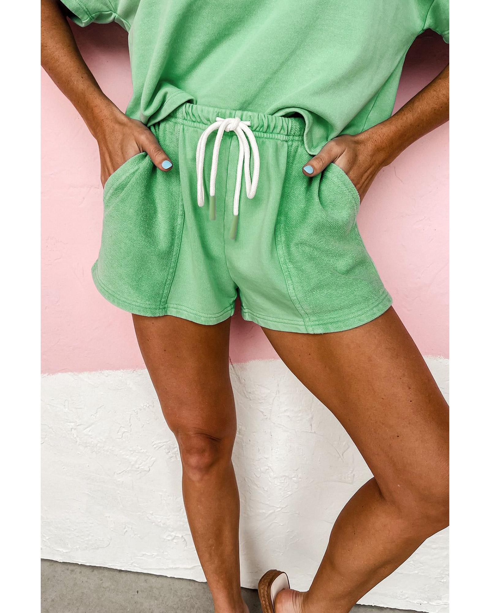 Mint Green V Neck Drop Shoulder Tee and Patchwork Drawstring Shorts Set - M 5