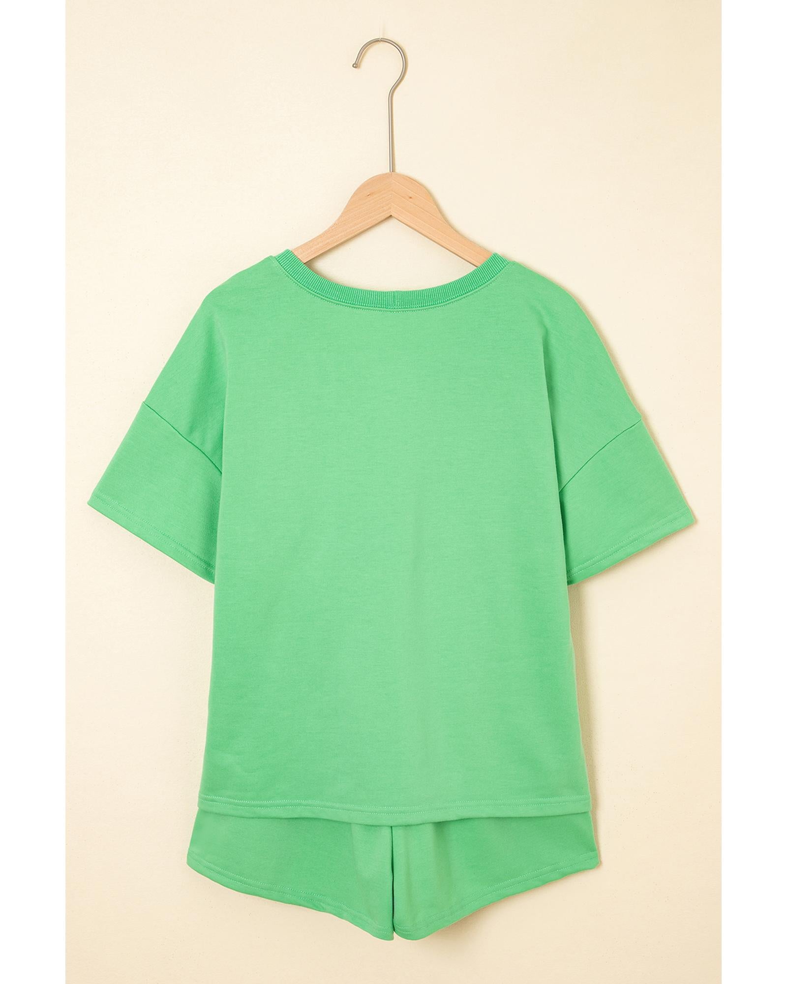 Mint Green V Neck Drop Shoulder Tee and Patchwork Drawstring Shorts Set - S 8