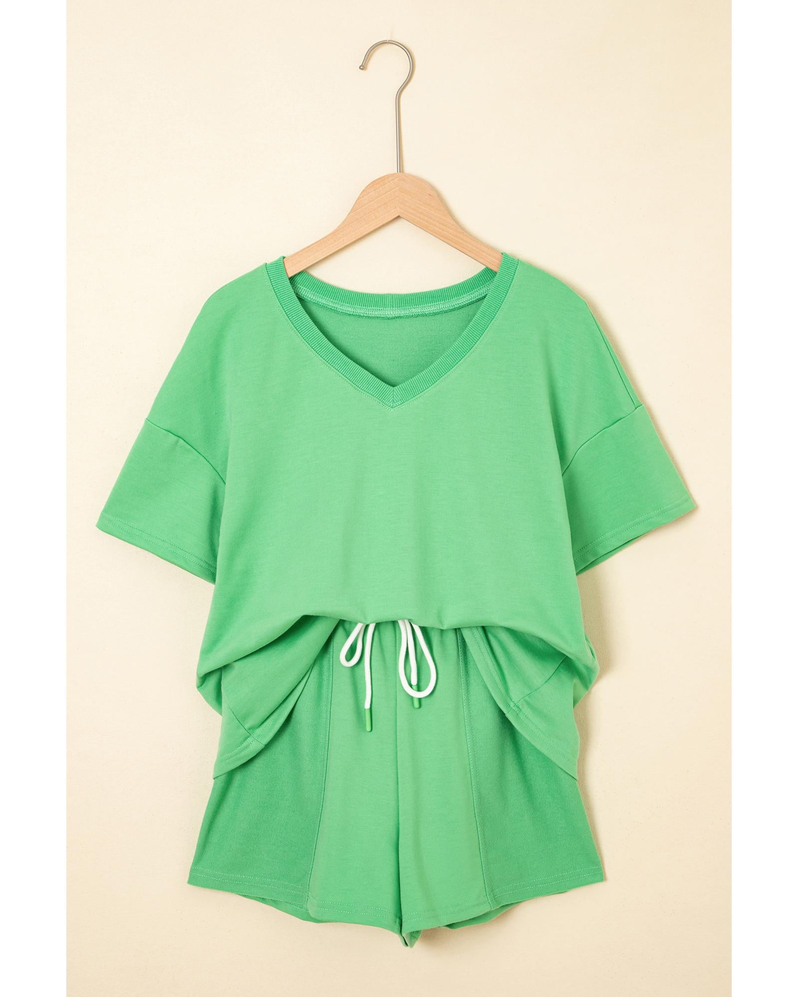 Mint Green V Neck Drop Shoulder Tee and Patchwork Drawstring Shorts Set - XL 7