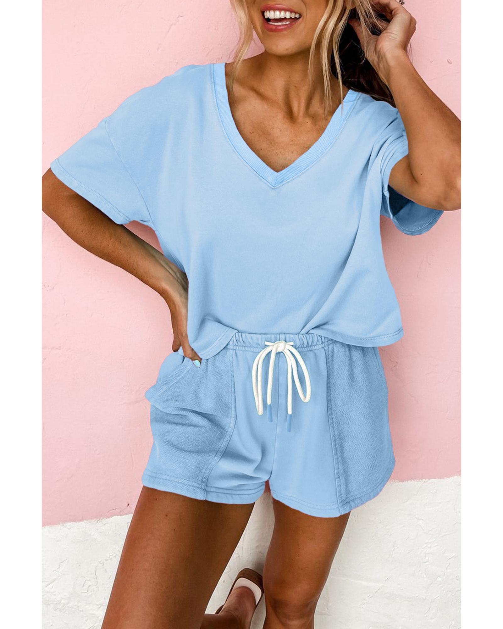 Myosotis V Neck Drop Shoulder Tee and Patchwork Drawstring Shorts Set - L