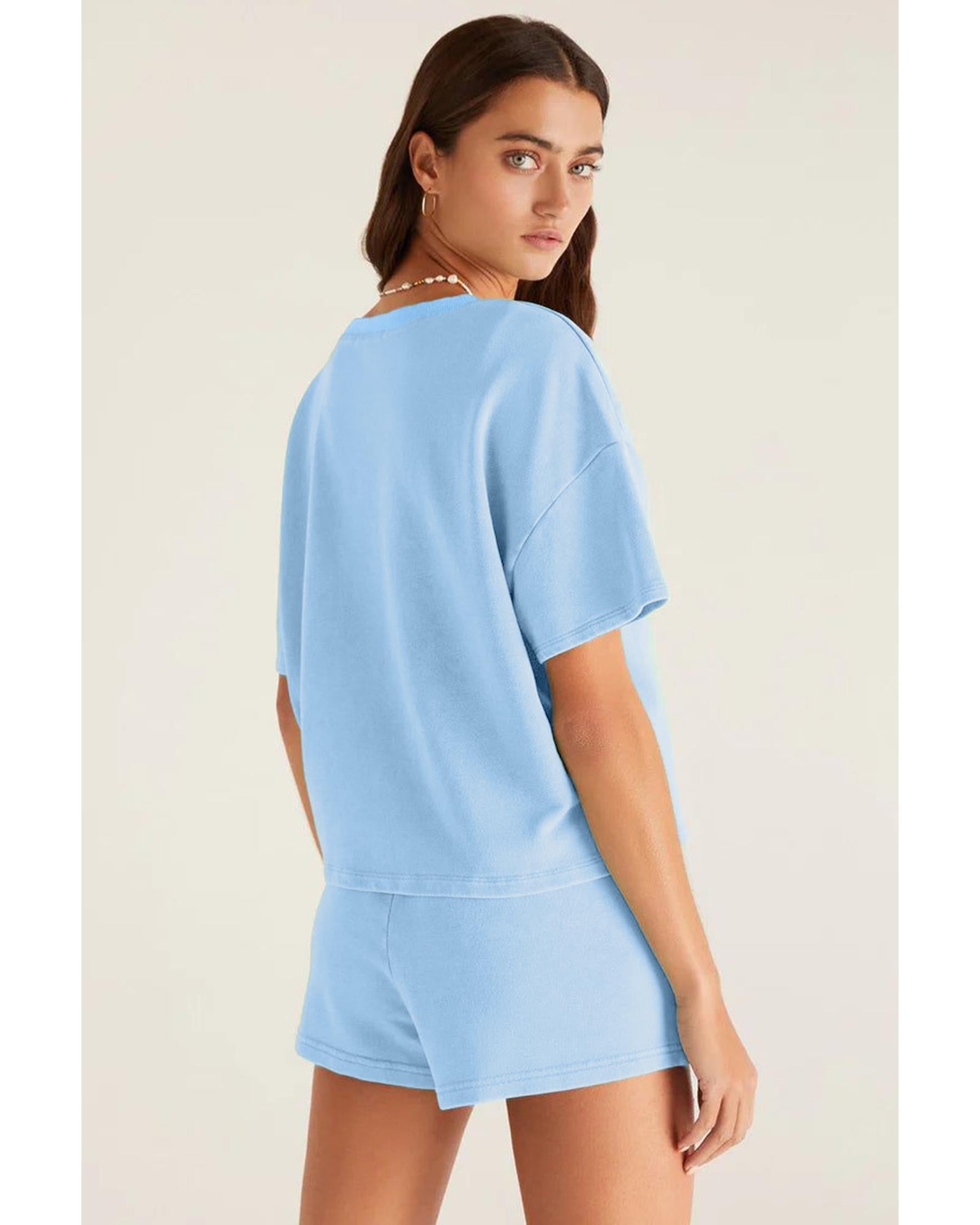 Myosotis V Neck Drop Shoulder Tee and Patchwork Drawstring Shorts Set - L