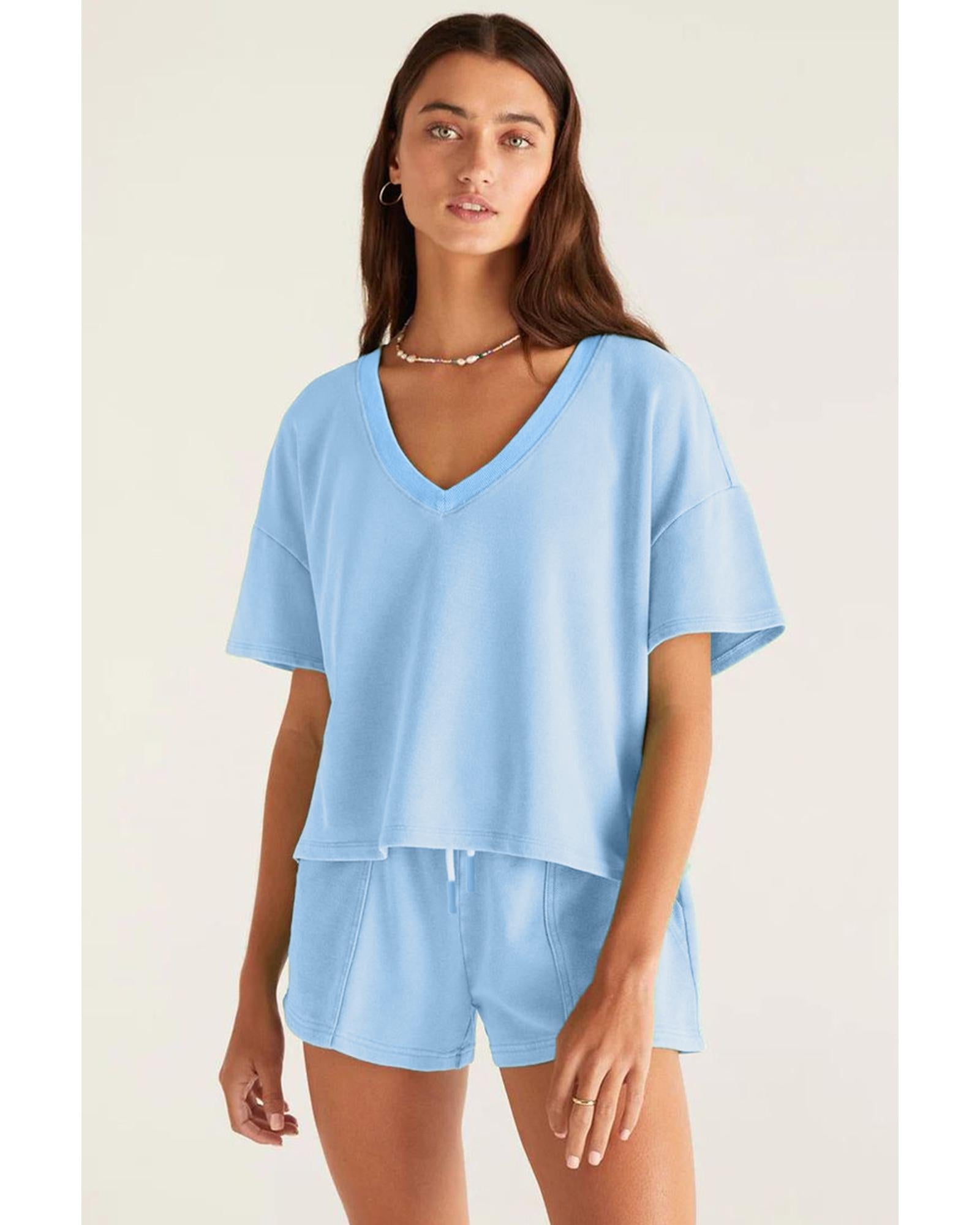 Myosotis V Neck Drop Shoulder Tee and Patchwork Drawstring Shorts Set - L 3