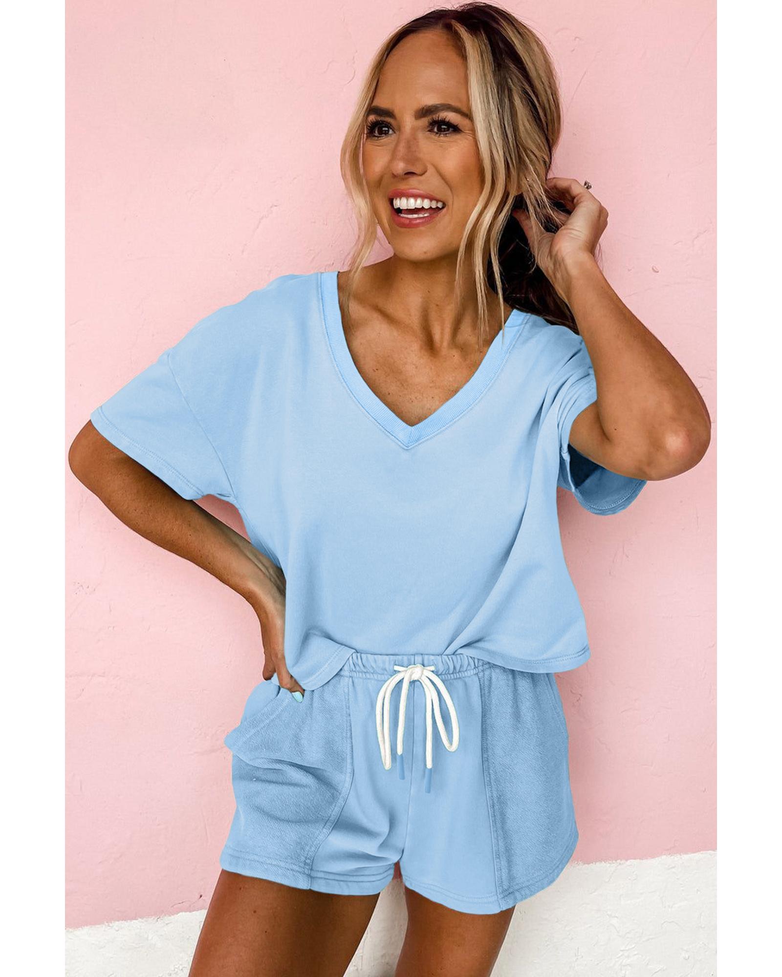 Myosotis V Neck Drop Shoulder Tee and Patchwork Drawstring Shorts Set - L 5