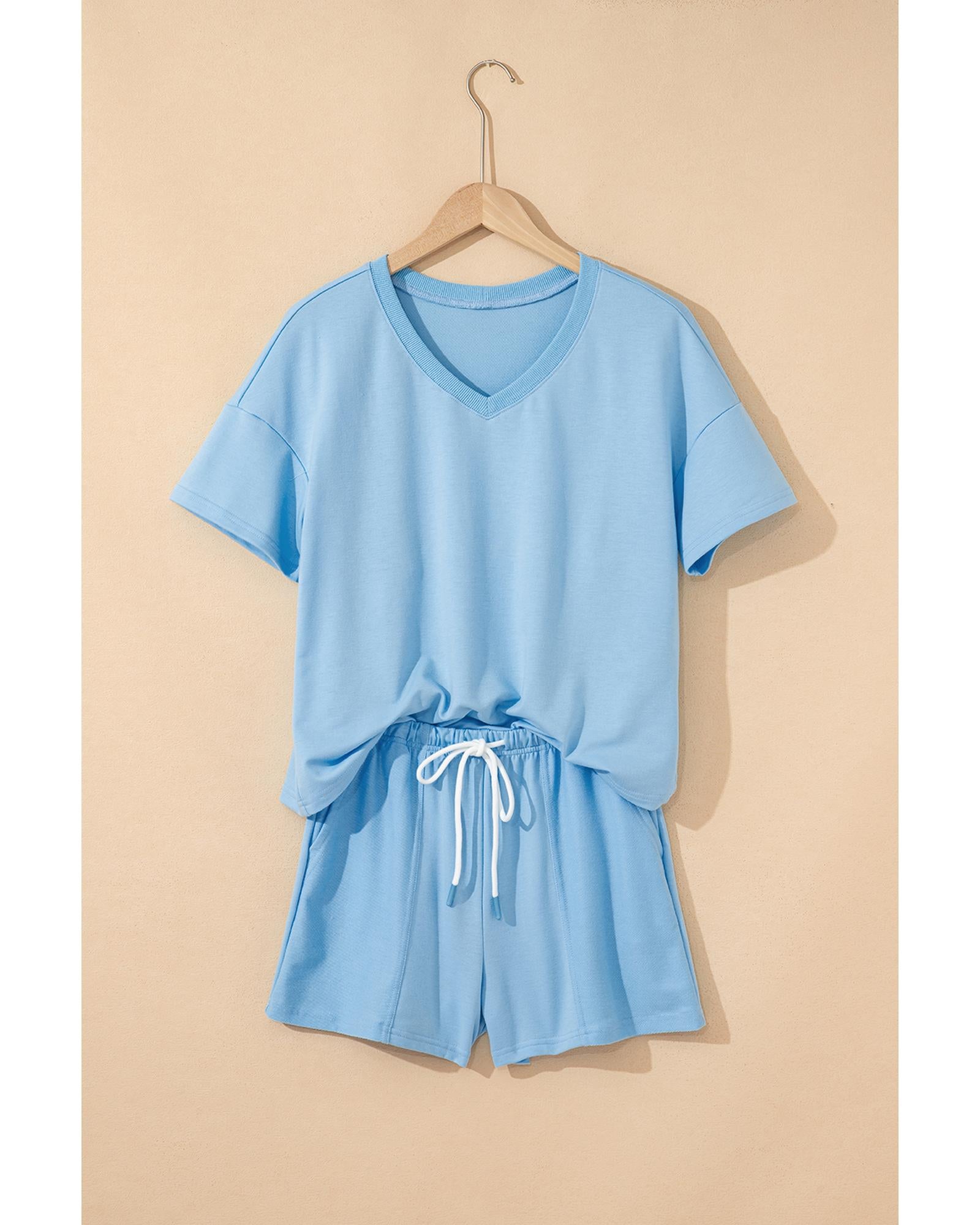 Myosotis V Neck Drop Shoulder Tee and Patchwork Drawstring Shorts Set - L 7