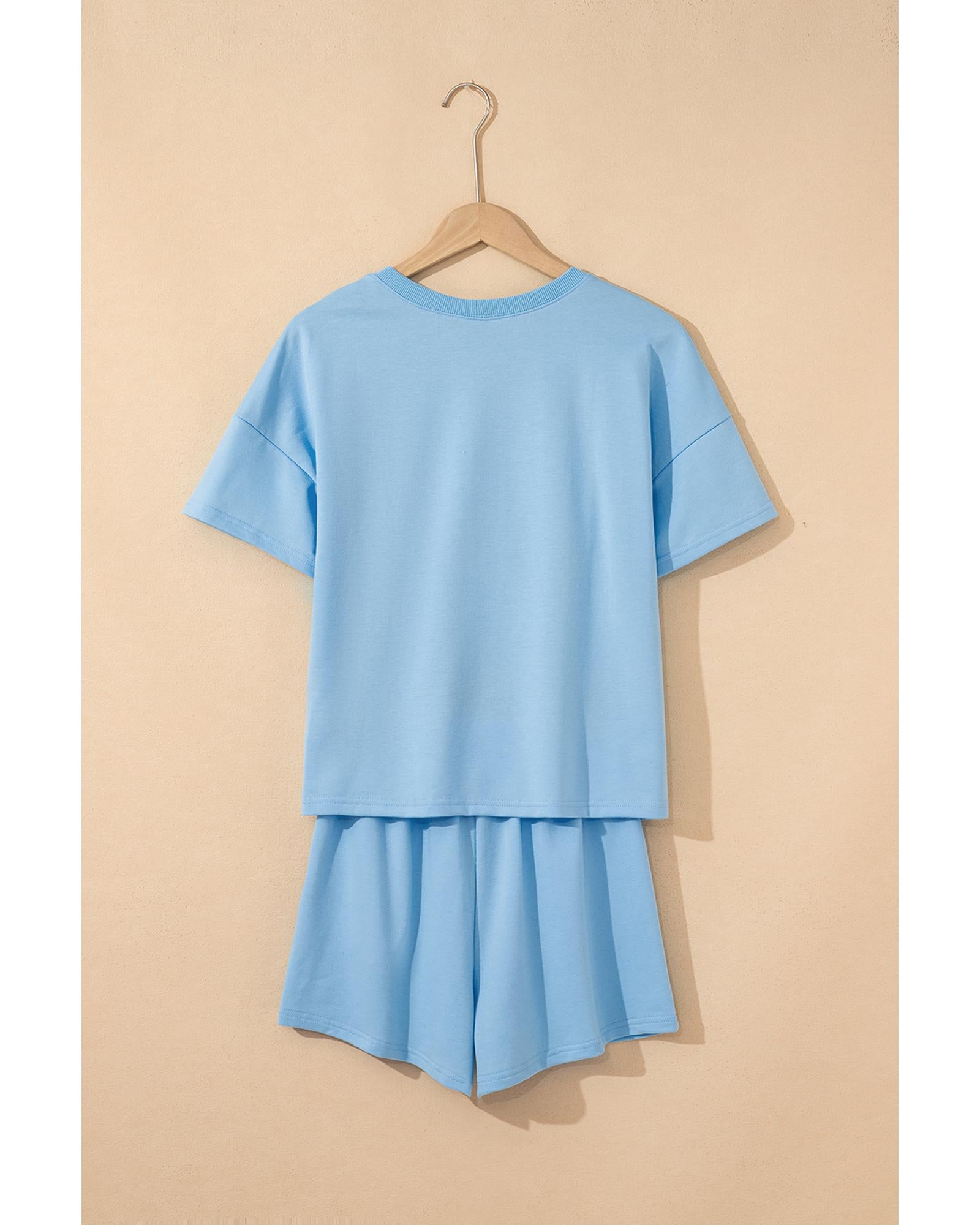 Myosotis V Neck Drop Shoulder Tee and Patchwork Drawstring Shorts Set - L 8