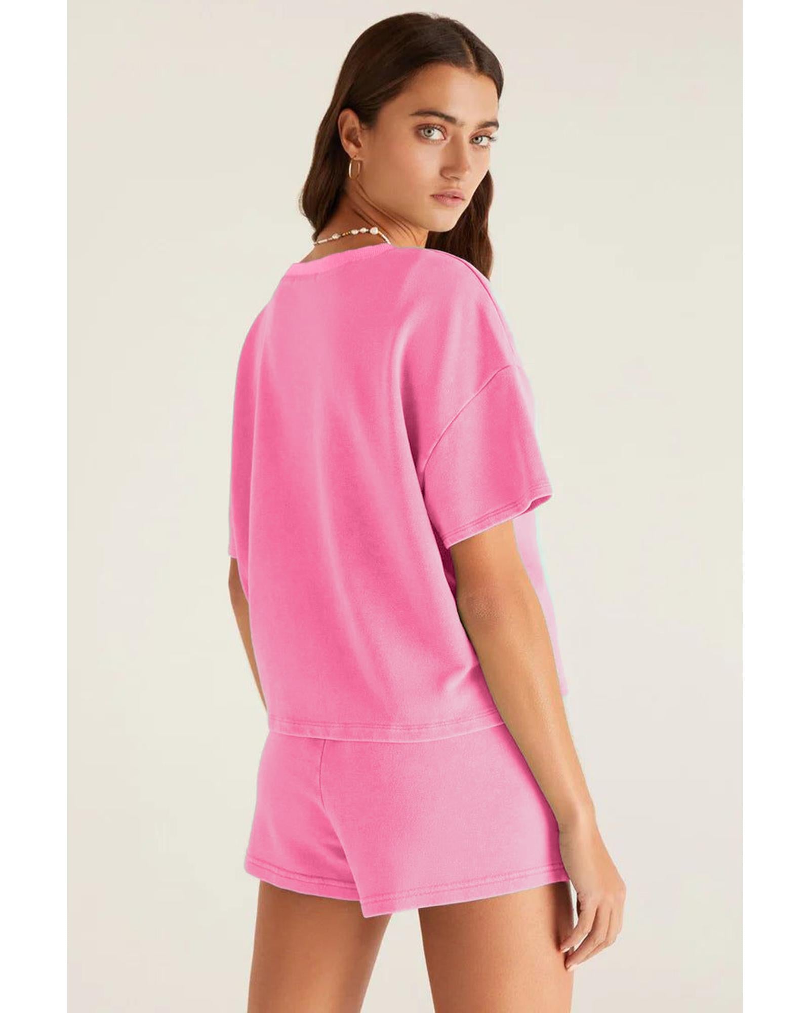 Bonbon V Neck Drop Shoulder Tee and Patchwork Drawstring Shorts Set - XL