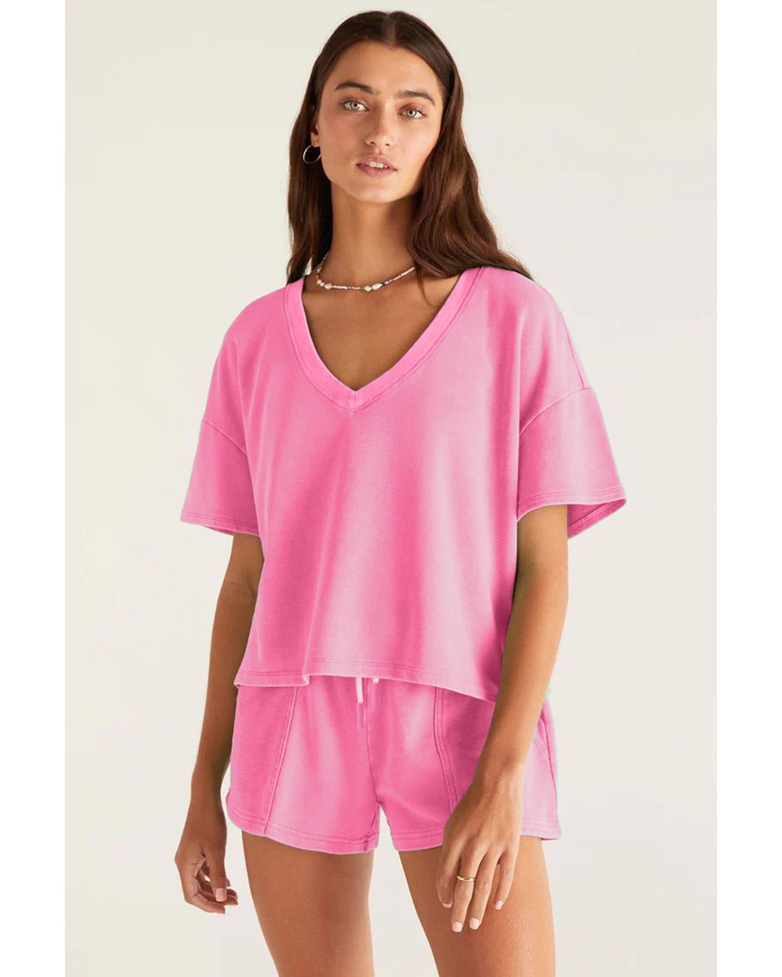 Bonbon V Neck Drop Shoulder Tee and Patchwork Drawstring Shorts Set - XL 3