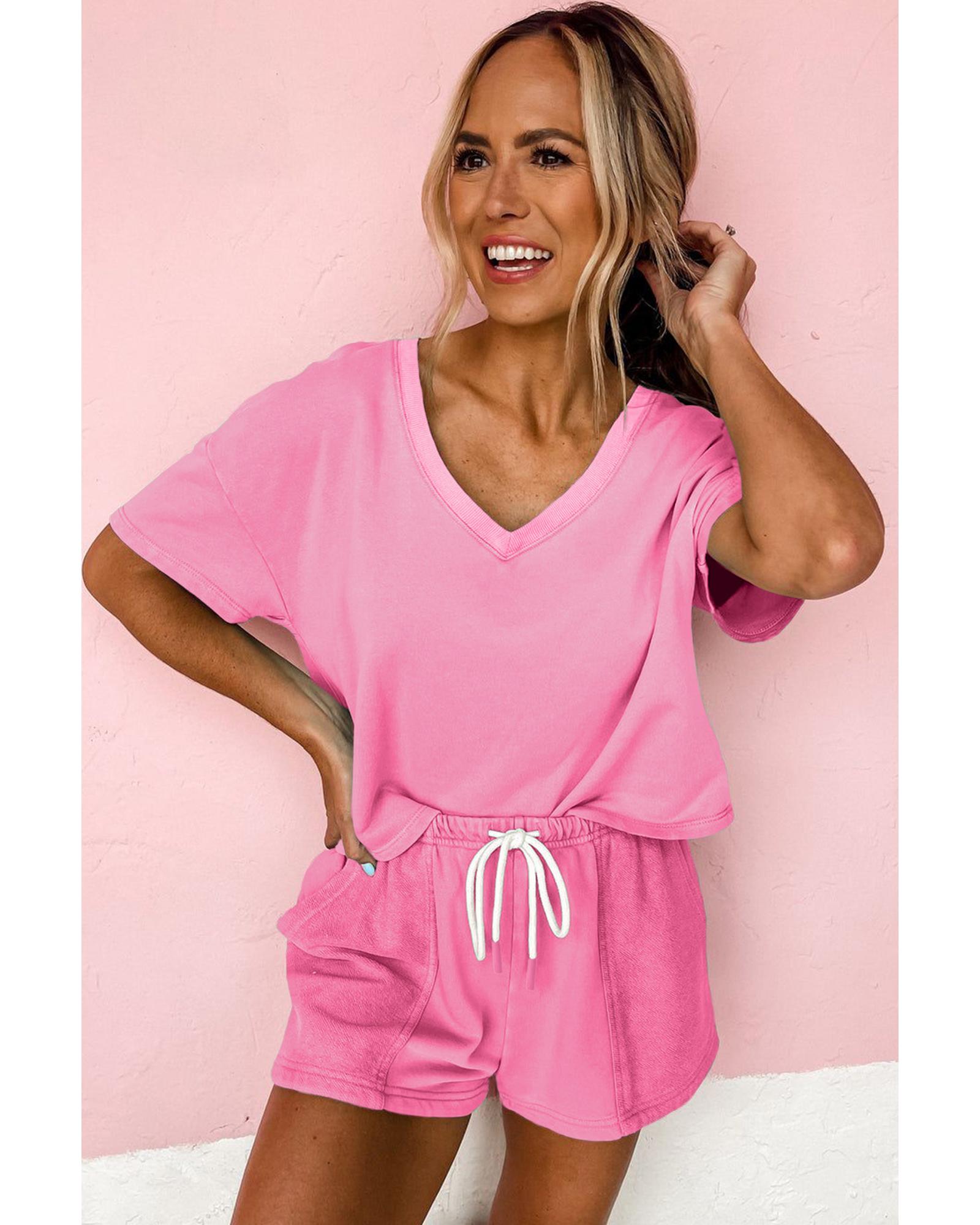 Bonbon V Neck Drop Shoulder Tee and Patchwork Drawstring Shorts Set - XL 6