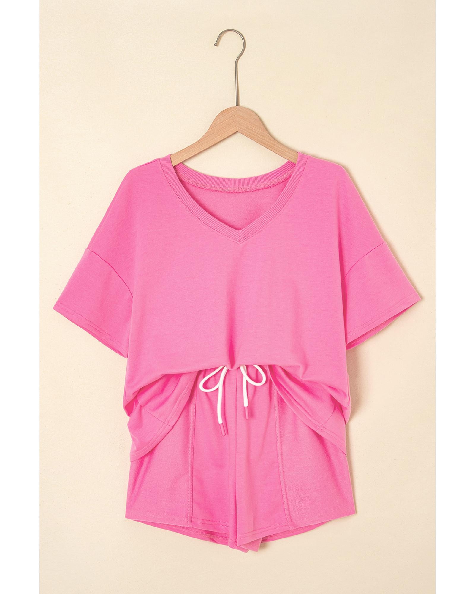 Bonbon V Neck Drop Shoulder Tee and Patchwork Drawstring Shorts Set - XL 7