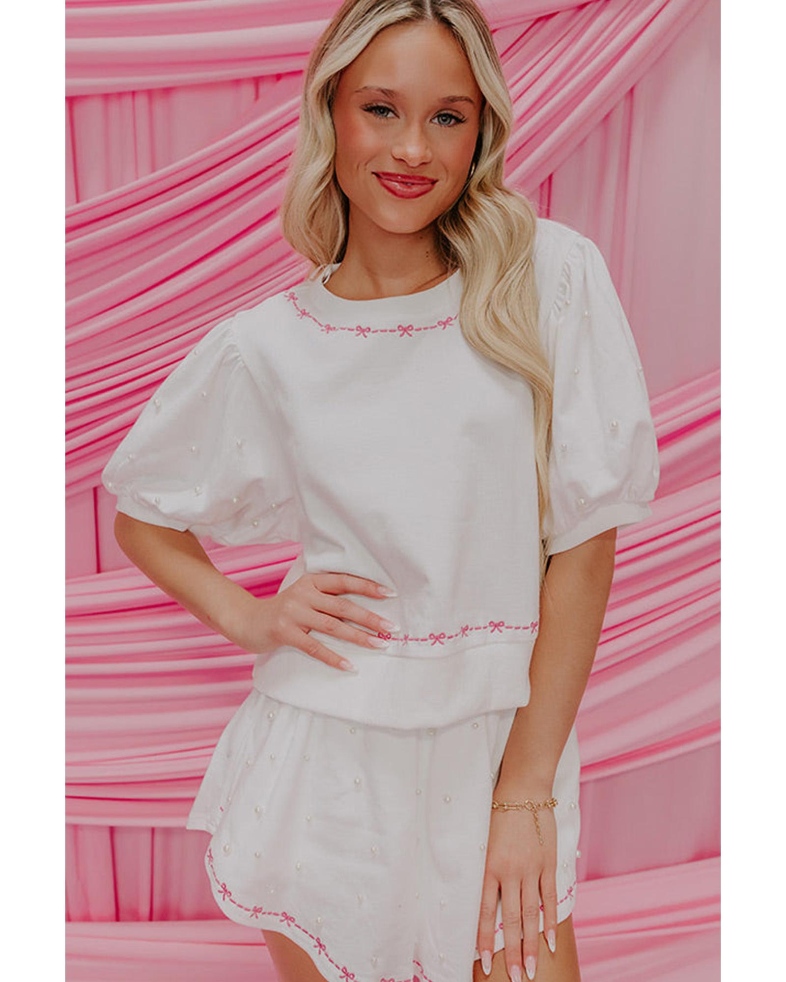 White Contrast Bow Trim Pearl Puff Sleeve Blouse and Skort 2pcs Set - L 3