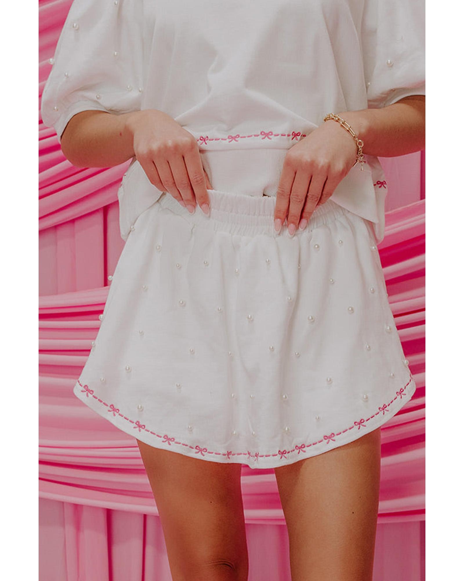 White Contrast Bow Trim Pearl Puff Sleeve Blouse and Skort 2pcs Set - L 5