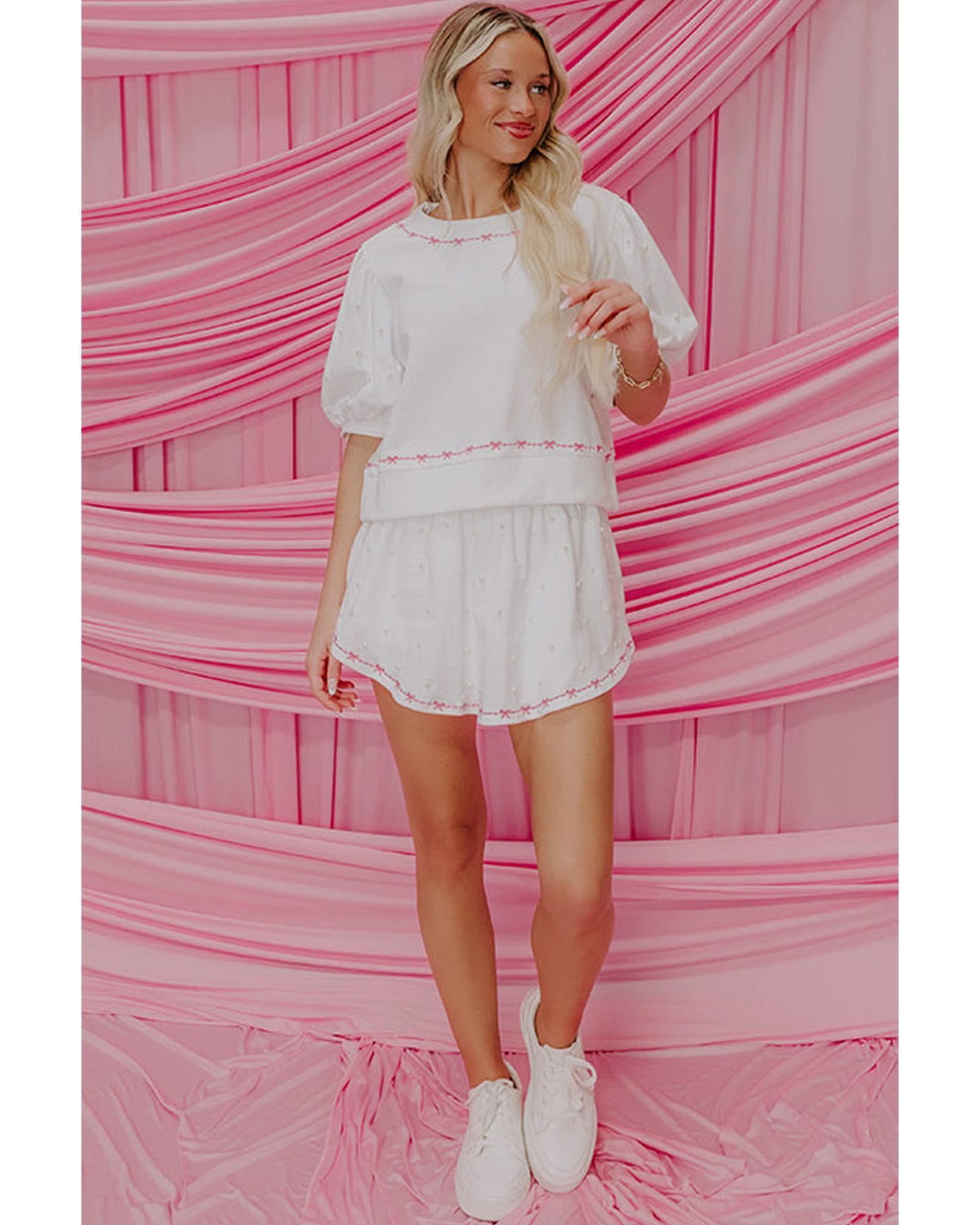 White Contrast Bow Trim Pearl Puff Sleeve Blouse and Skort 2pcs Set - L 6