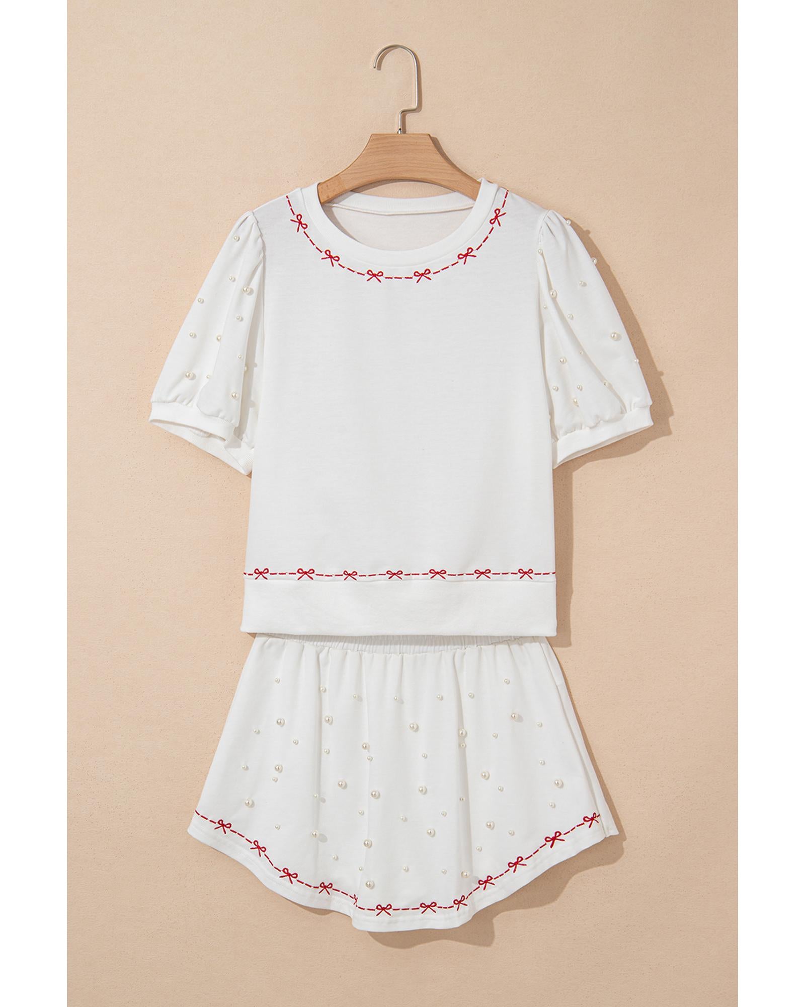 White Contrast Bow Trim Pearl Puff Sleeve Blouse and Skort 2pcs Set - L 8