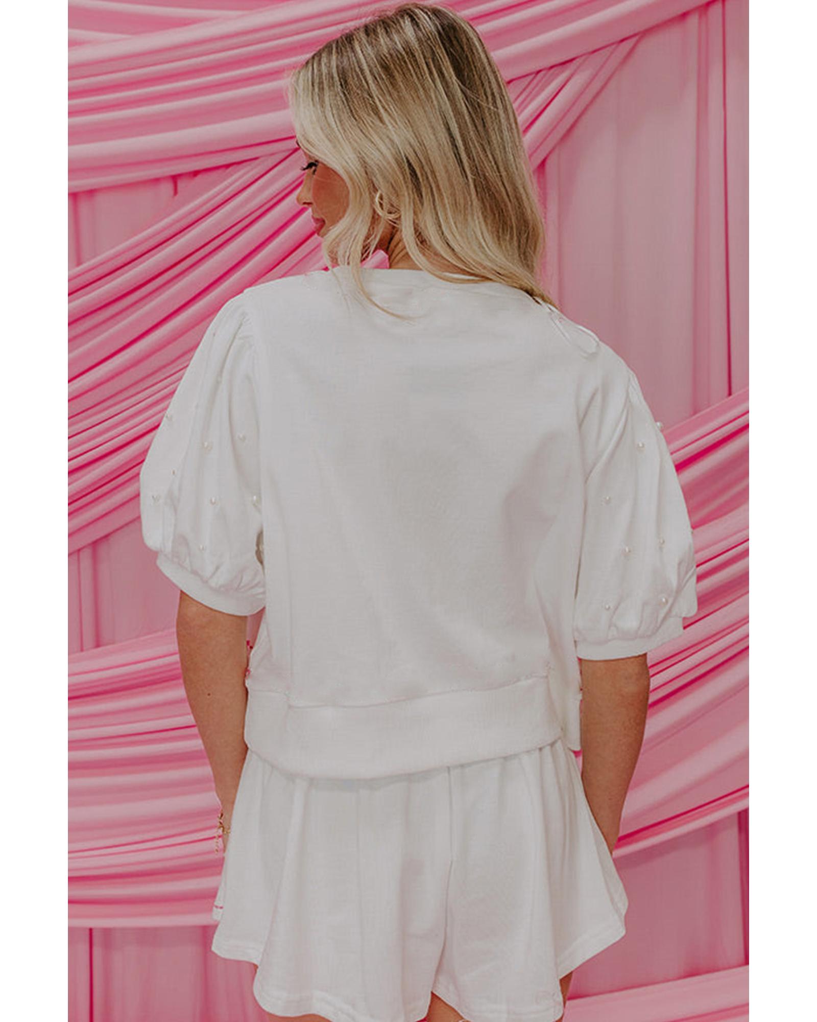 White Contrast Bow Trim Pearl Puff Sleeve Blouse and Skort 2pcs Set - M
